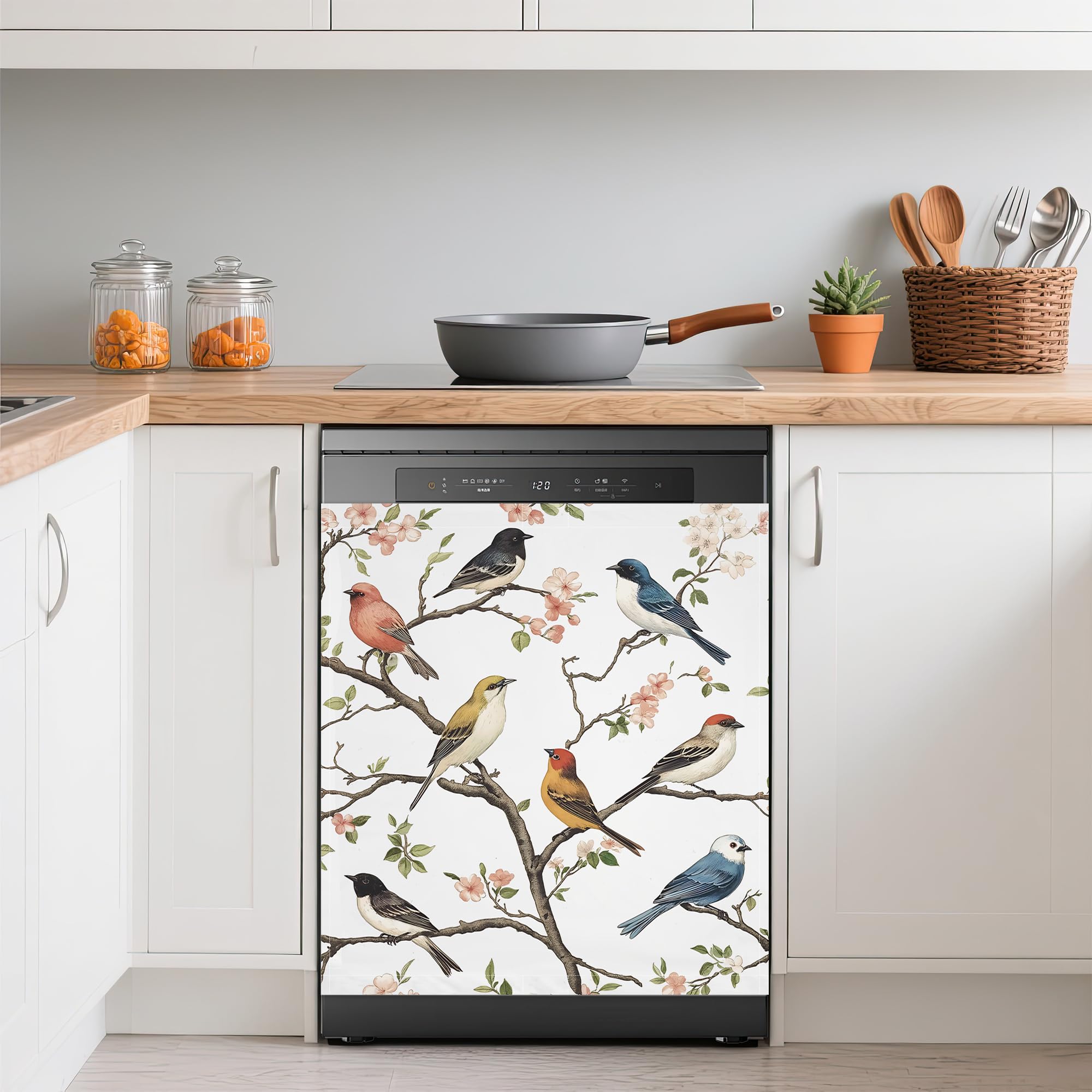 Colorful Birds Refrigerator Magnet Cover,Spring Flowers Washable Dishwasher Magnets Decorative Cover,Home Kitchen Decorative Dishwasher Front Panel Cover 23x26 Inch