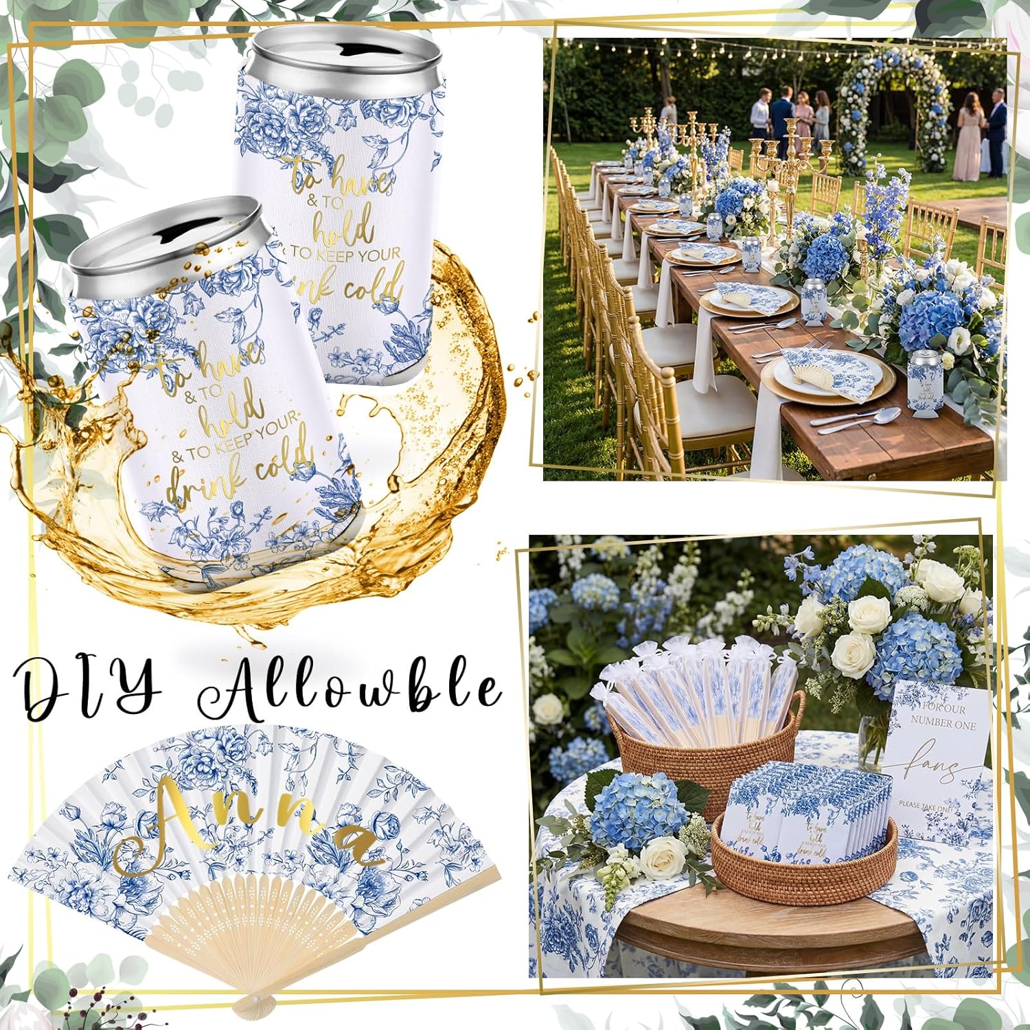 Hoteam 25 Sets Blue Floral Wedding Party Favors for Guests Bulk Including Can Cooler and Paper Folding Fans with Wedding Decor Table Sign Cheers to Love for Bridal Shower Party Souvenir
