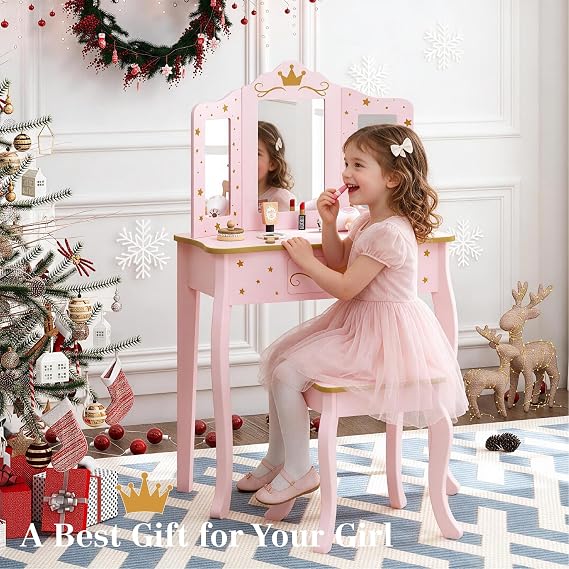 UTEX Pink Crown Princess Kids Vanity Set with Drawer for Little Girls
