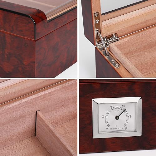 Miniatura 4 de Woodronic Humidor de cigarros con higrómetro, humidificador, forro de cedro español y divisor, caja de cigarros superior de vidrio hecha a mano para