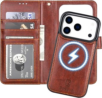 Bocasal for iPhone 17 Pro Wallet Case Compatible with MagSafe Wireless Charging, RFID Blocking Magnetic Leather Case with Card Slots Holder Kickstand Detachable Wrist Strap 6.3 Inch Brown