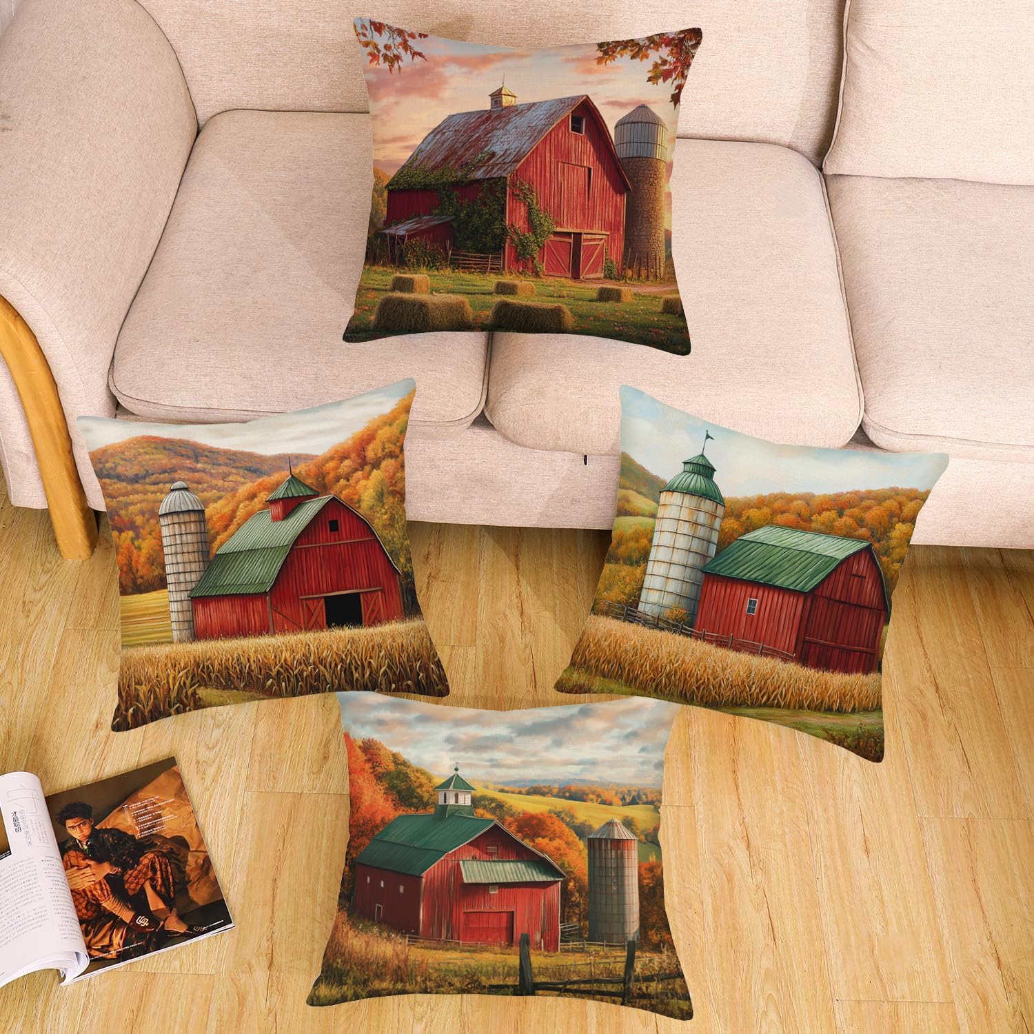 Fukeen Red Farmhouse Pillow Covers 22x22 Inch Set of 4 Autumn Harvest Maple Leaves Vintage House Decorative Throw Pillow Cases Fall Country Independence Day Cushion Cover for Sofa Couch