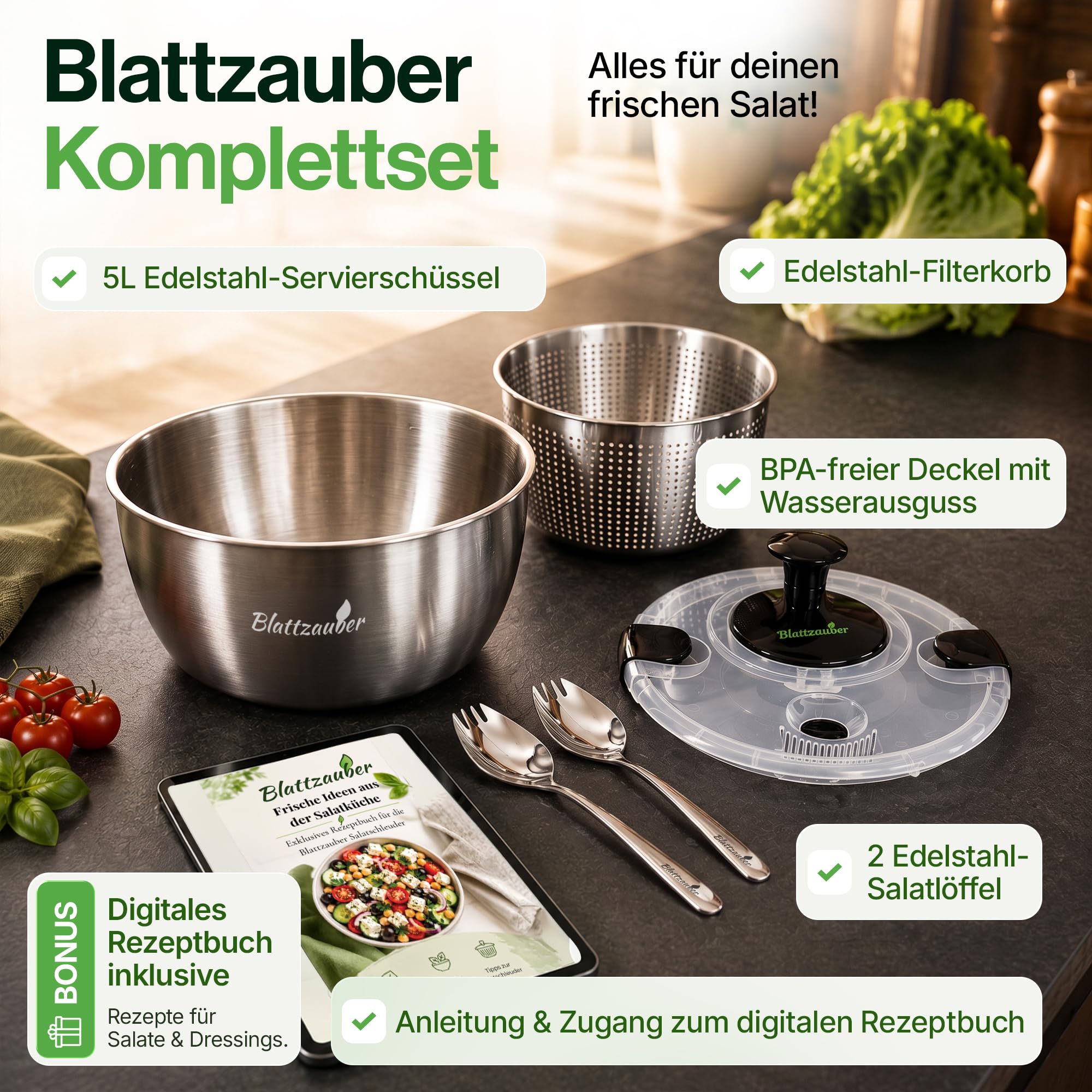 Salatschleuder Edelstahl 5 Liter Komplettset mit Deckel BPA-frei 2 Salatlöffel und Rezept Ebook Schleudern ohne Plastik für Gemüse und Kräuter