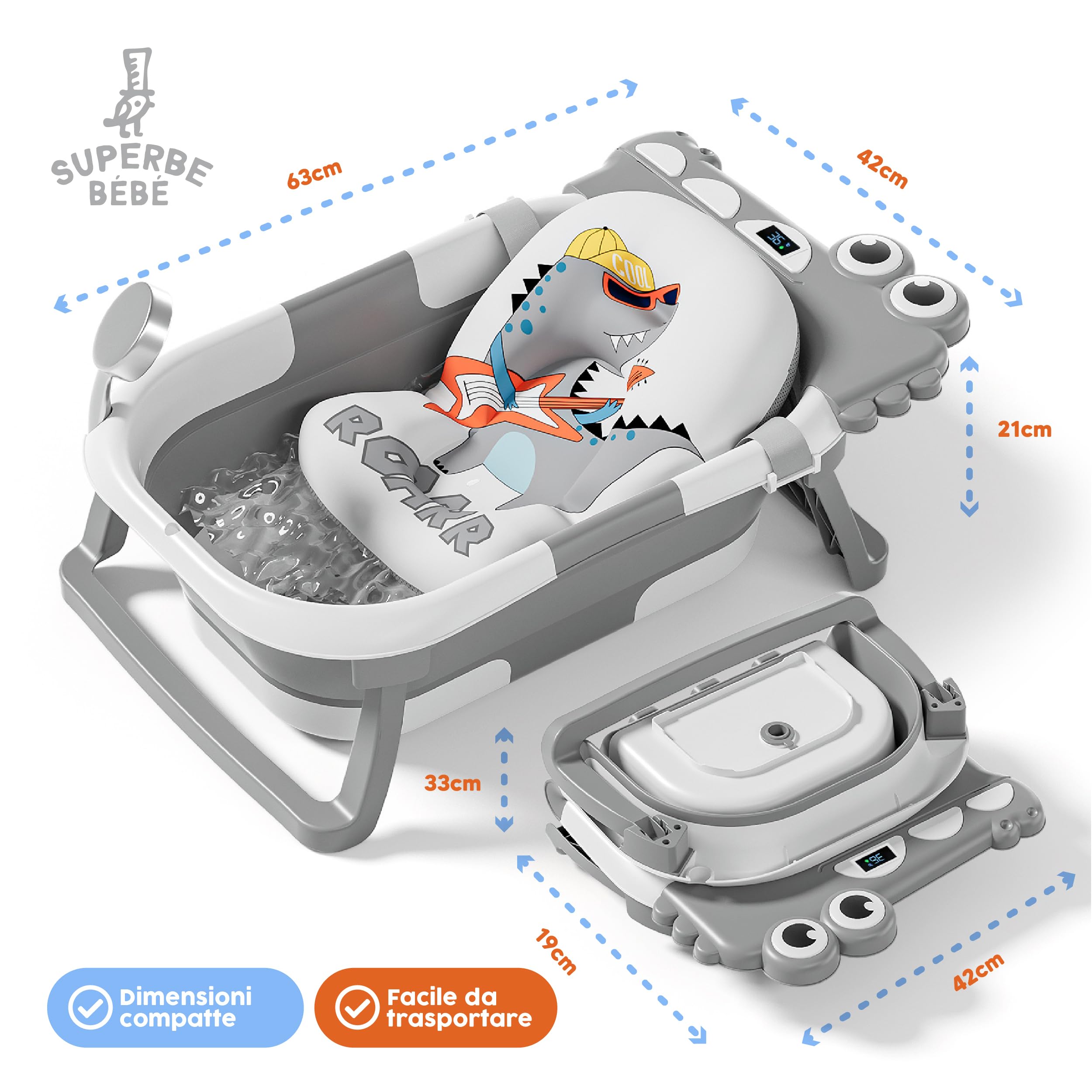 SUPERBE BEBE Vaschetta Pieghevole Con Cuscino Da Bagno E Termometro Incorporato-Vaschetta Per Bambini Con Supporto Da Bagno Gratuito-Regalo Di Nascita Ideale Per Bambine O Bambini-Dalla Nascita