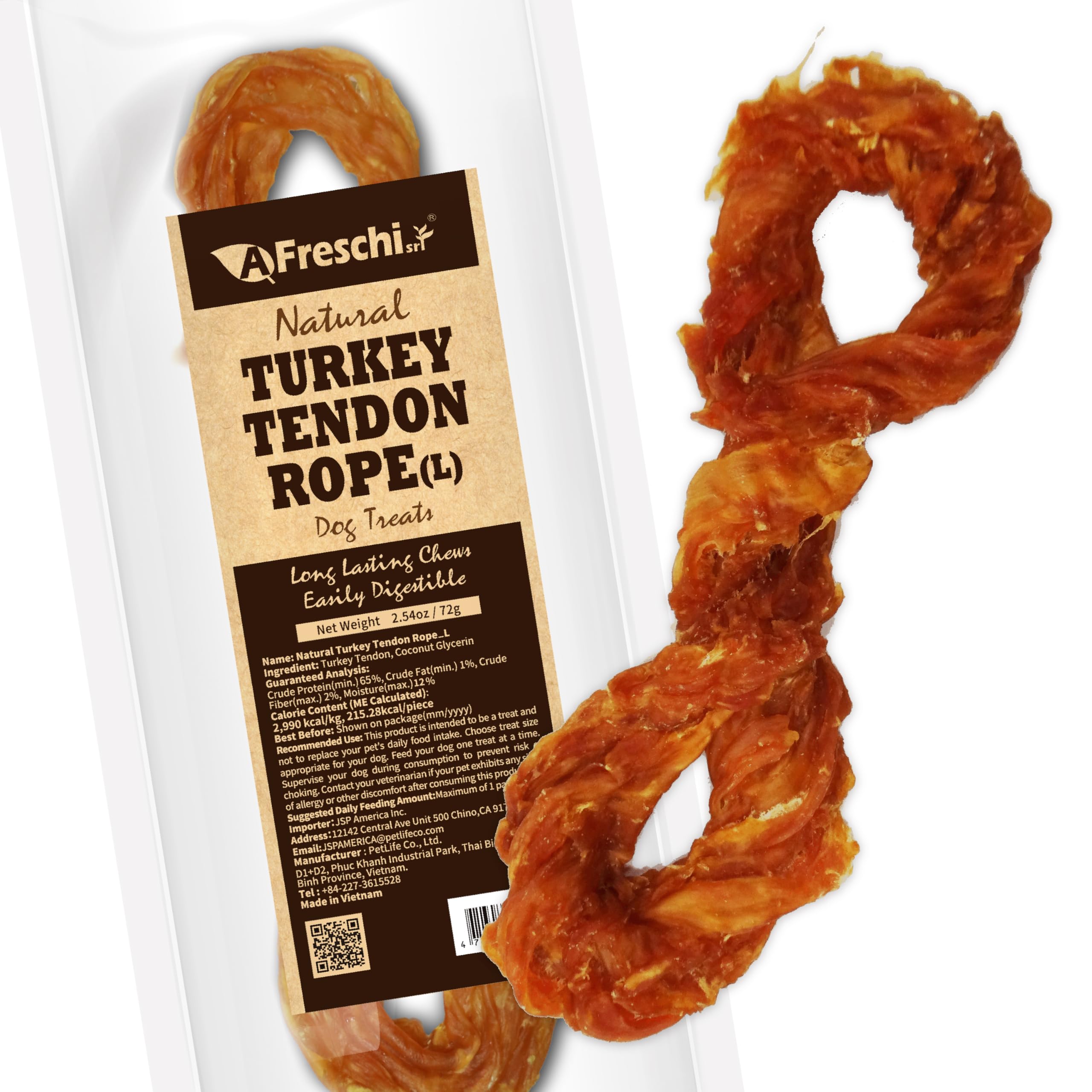 AFreschi Turkey Tendons for Dogs, USA-Sourced, Healthy Dog Treats, Rawhide-Free Puppy Chews, Long Lasting, All Natural, Hypoallergenic Dog Treats for Large Breeds, 1 Count Pack Rope (L)