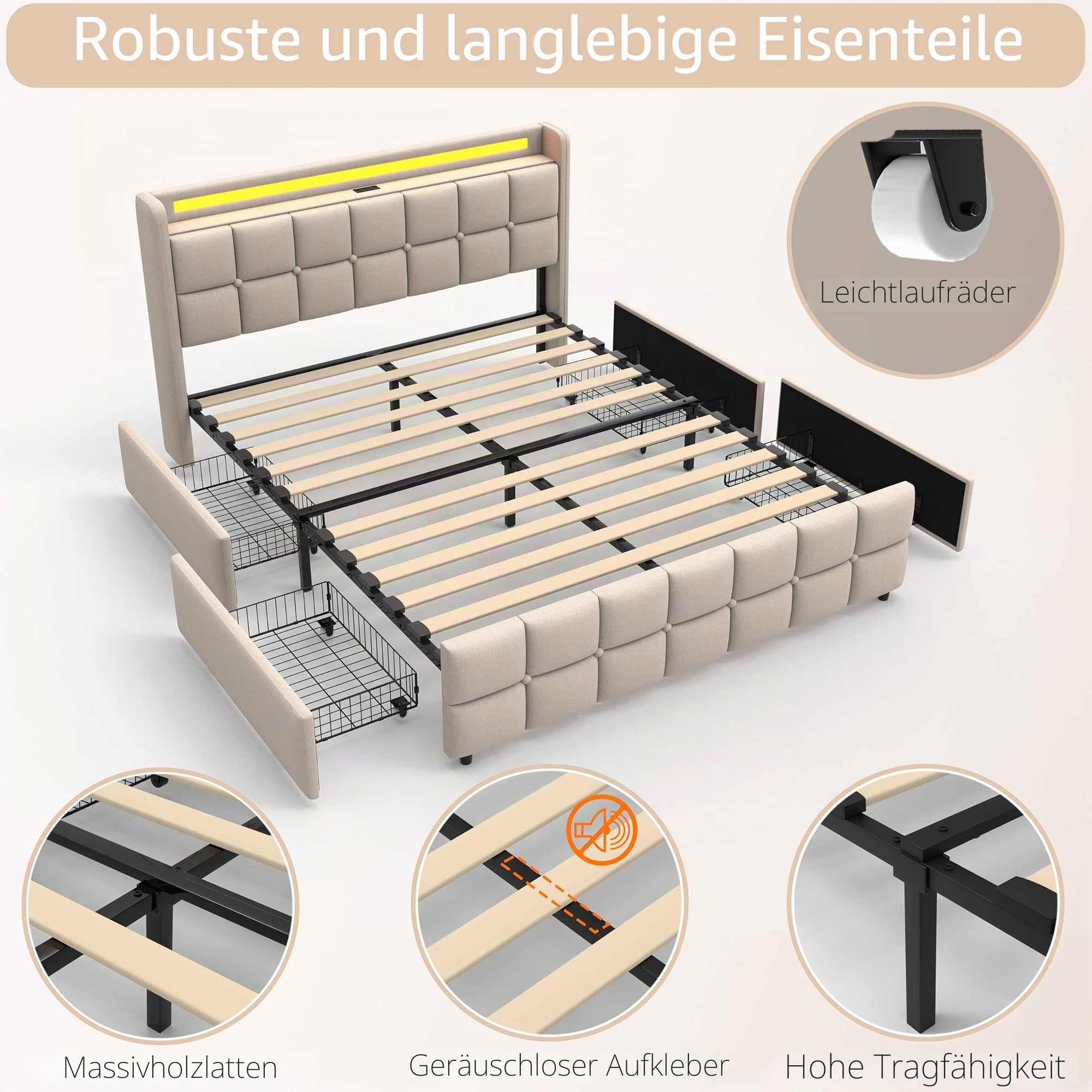 Leinen-Bettgestell 160x200 cm mit AC & USB Anschlüssen, Beige | Ladestation, 4 Schubladen, Polsterbett, LED-Beleuchtung, ohne Matratze, Holzlattenrost