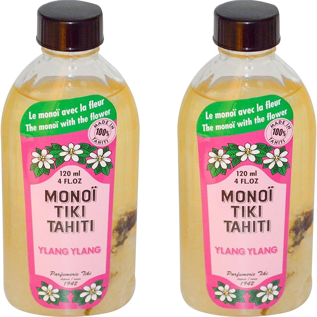 Monoi Tiki Tahiti Ylang Ylang Coconut Oil (Pack of 2), Scented With Fresh Handpicked Tiare Flowers, 100% Made in Tahiti, 4 fl. oz.