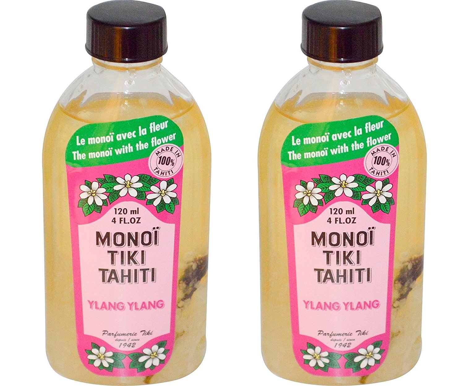 Monoi Tiki Tahiti Ylang Ylang Coconut Oil (Pack of 2), Scented With Fresh Handpicked Tiare Flowers, 100% Made in Tahiti, 4 fl. oz.