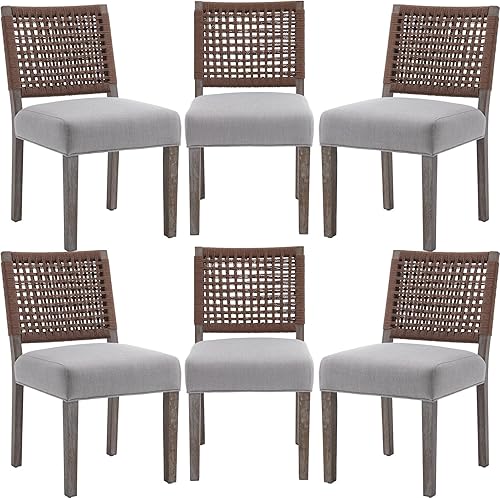 Miniatura 10 de Juego de 4 sillas de comedor estilo granja tapizadas de tela de lino, sillas de cocina y comedor modernas de mediados de siglo con respaldo de Parte