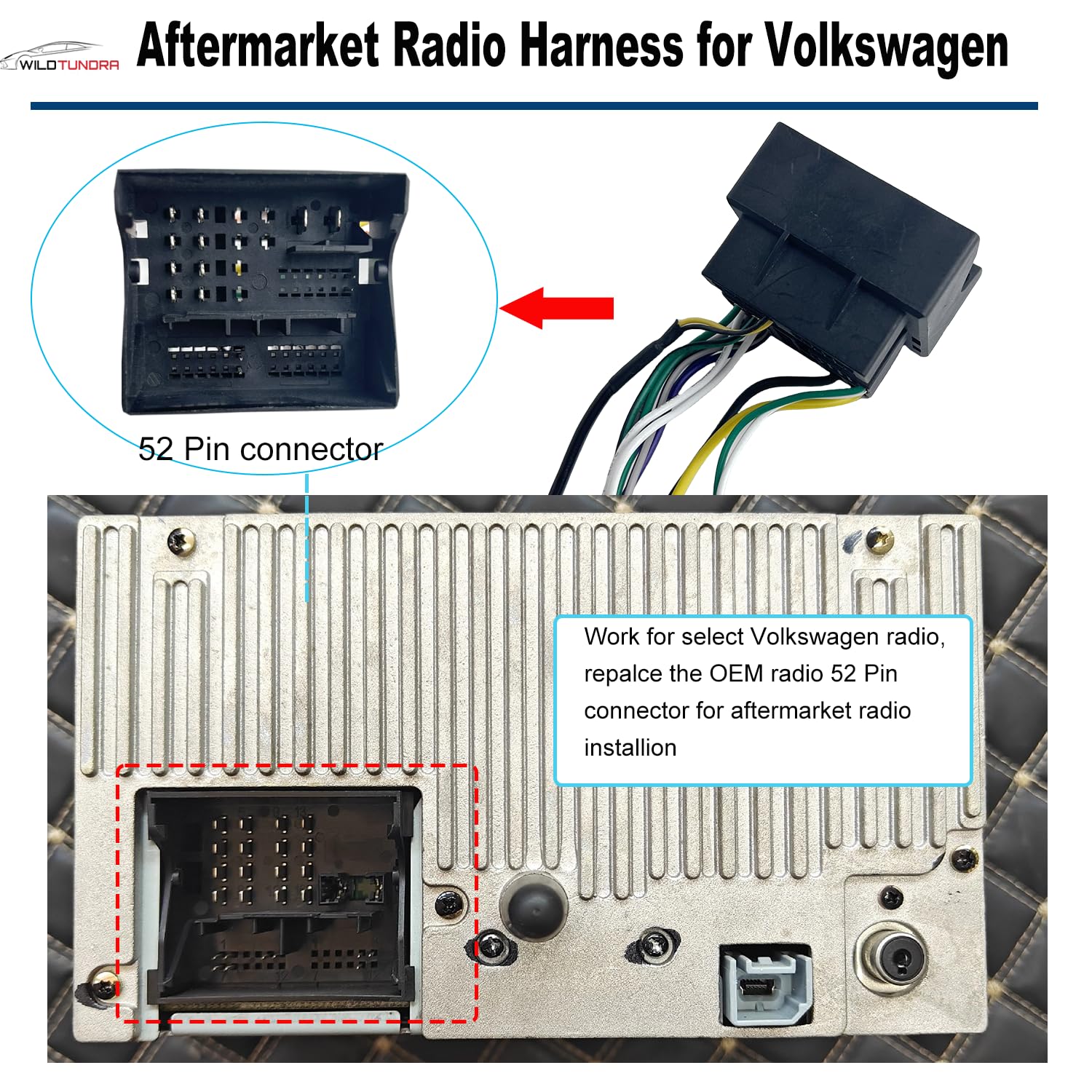 Arnés de cableado de radio ISO de 16 pines para Volkswagen Jetta Passat Golf GTI Touareg Tiguan 2003-2015 con adaptador de antena de radio inversa SWC, adaptador estéreo de coche Plug & Play