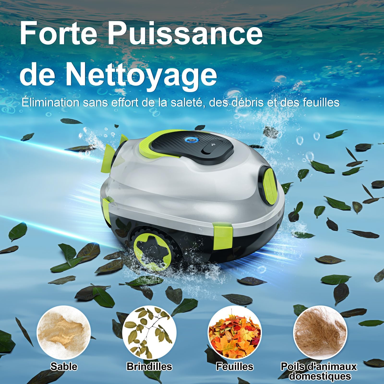 MEDOXA Robot de Piscine sans Fil, aspirateur de Piscine Automatique, 120 Minutes d'autonomie, stationnement Automatique, léger, Puissant Robot pour Piscine Hors-Sol/enterrée jusqu'à 110 ㎡(Blancbleuté)