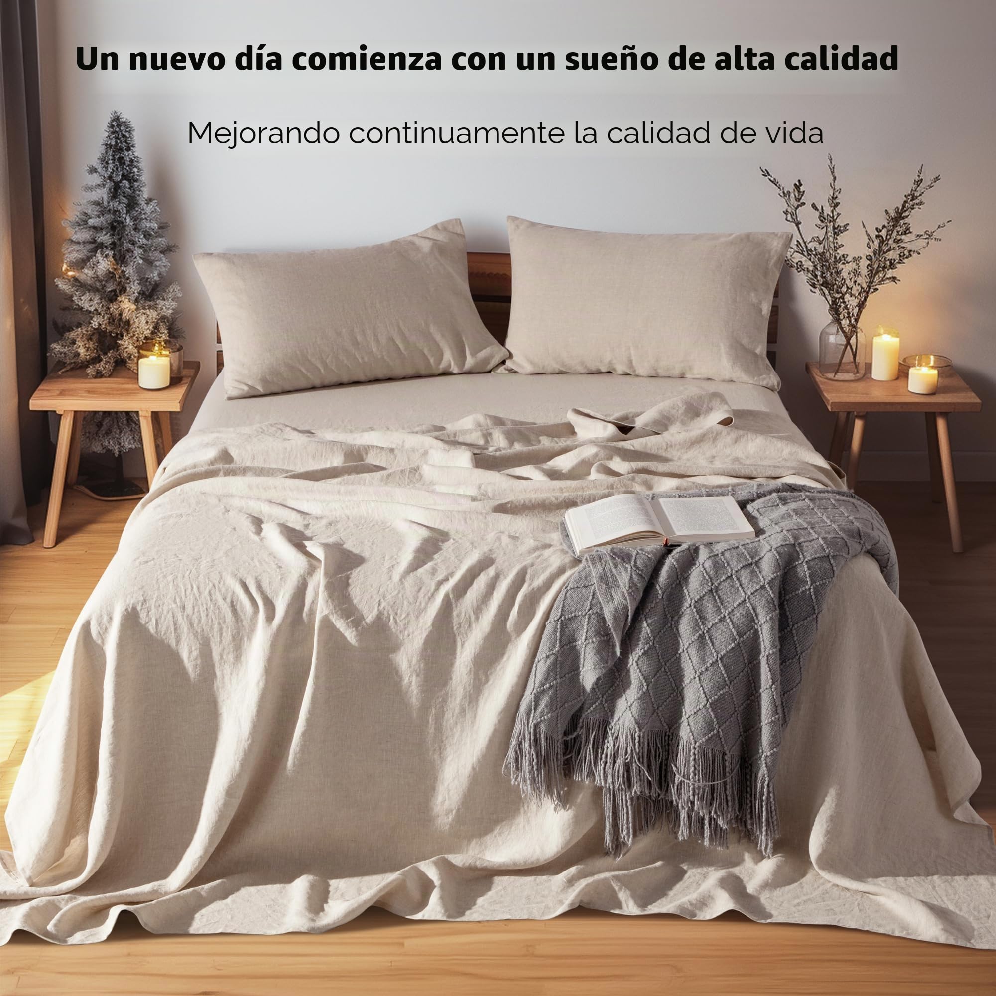 LBR02M - Juego de sábanas 100% de Lino, tamaño Queen, Juego de sábanas de 4 Piezas, Color Liso, Lino Natural, Ropa de Cama Suave y Transpirable, Bolsillo Profundo de 16 Pulgadas, para Todas Las