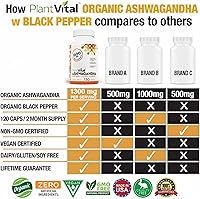 Vista 4 de Plantvital Cápsulas orgánicas de Ashwagandha con pimienta negra de 1300 mg – 120 cápsulas veganas para una respuesta normal al estrés, sueño normal