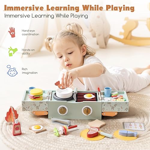 Miniatura 3 de Juego de parrilla de madera para niños con accesorios de cocina Juguetes de simulación para niños pequeños de 3 a 5 años, juguete de comida