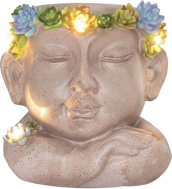 GloBrite Solar Face Plant Pot Light - Solar Powered LED Lights Outdoor Lantern, Waterproof Resin Figure Ornament for Yard Lawn Patio Garden Statue Decor