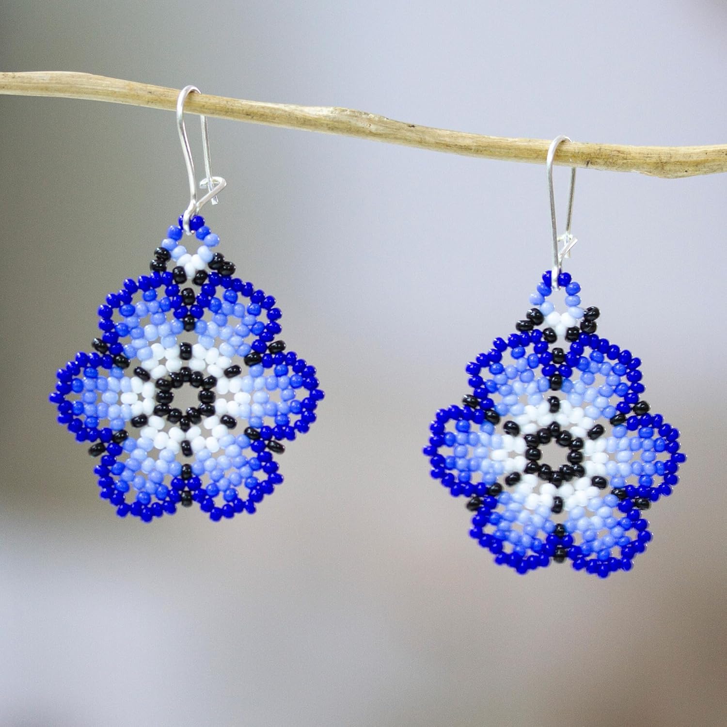 NOVICA Artisan Handmade Glass Beaded Dangle Earrings Floral Blue from Mexico Sterling Silver White [2 in L x 1.2 in W x 0.1 in D] ' Royal Flowers'