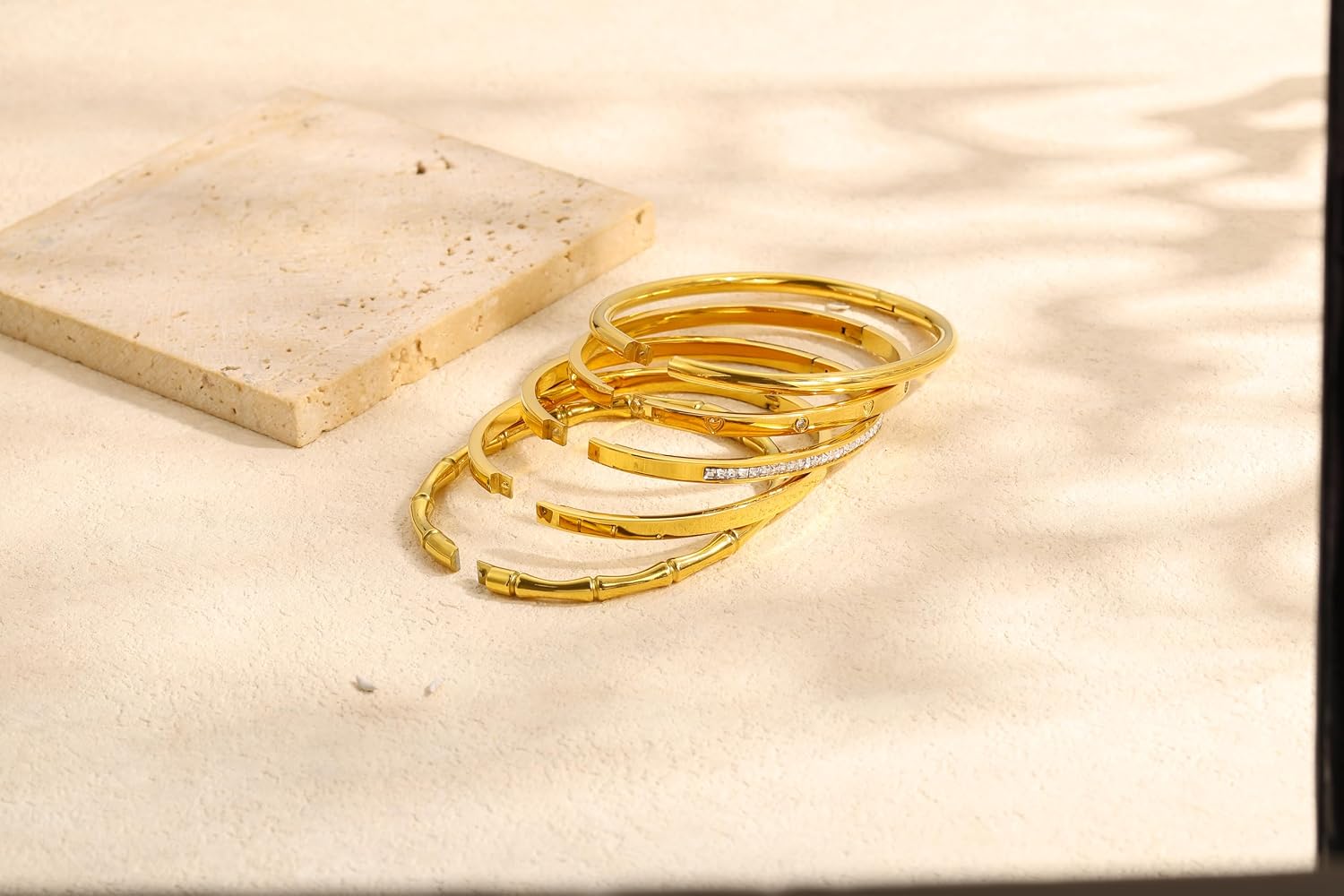 Camhanno Gold Bangle Bracelets for Women Trendy Waterproof - 18K Gold Plated Stackable Bamboo Style Stainless Steel Bracelets Non Tarnish Fashion Jewelry Gifts for Women