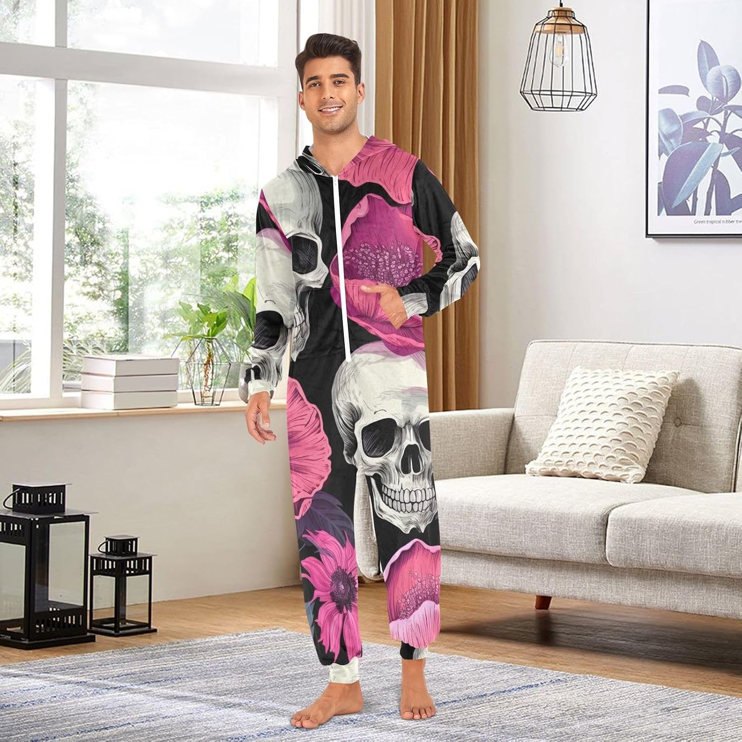 GAIREG Funny Skulls Pink Flowers Adult Onesie Pajamas, Soft Hooded One Piece Jumpsuit for Men Women