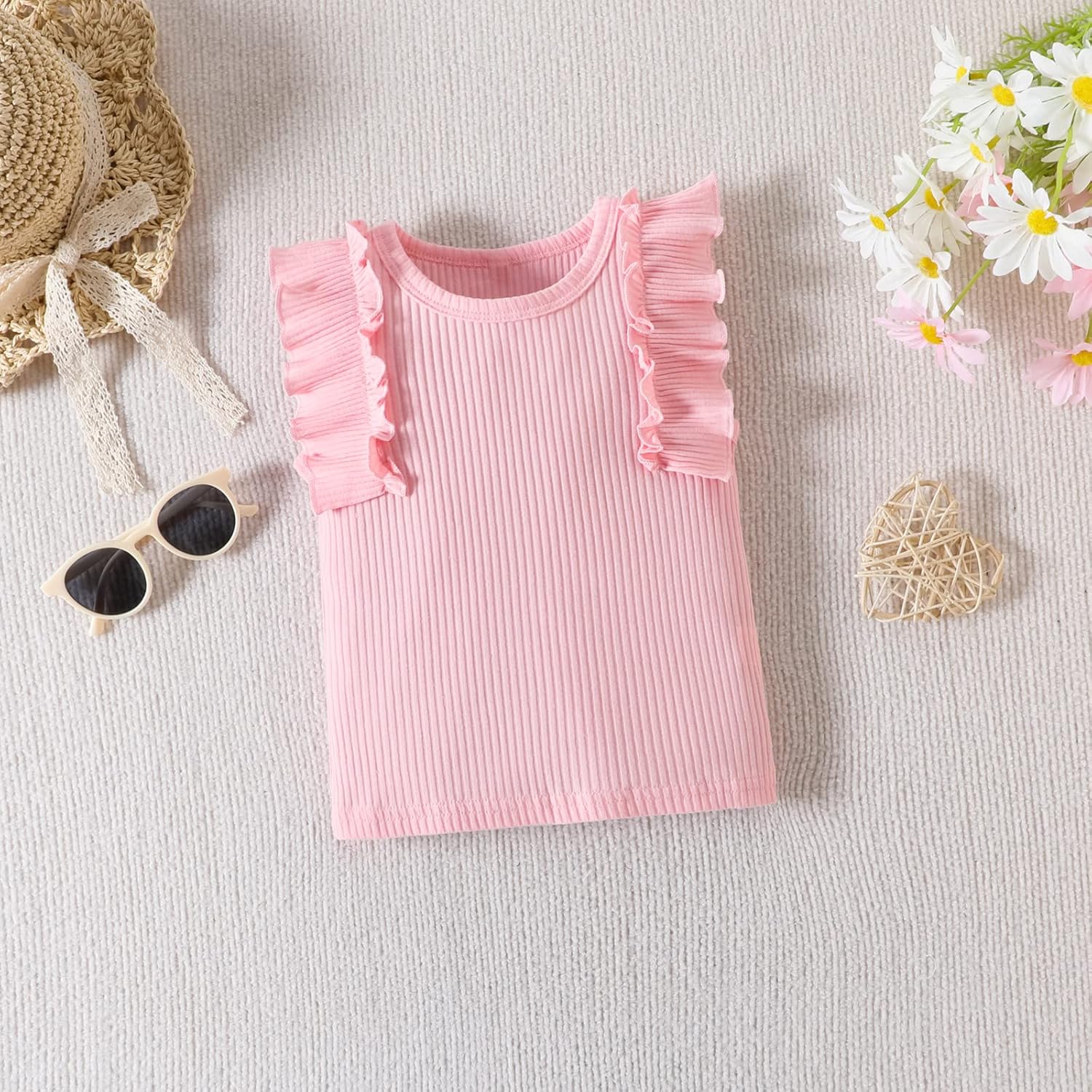 Miniatura 3 de AIKEIDY Ropa de verano para niña pequeña, con volantes, sin mangas, camiseta sin mangas, floral, pantalones acampanados, 2 piezas