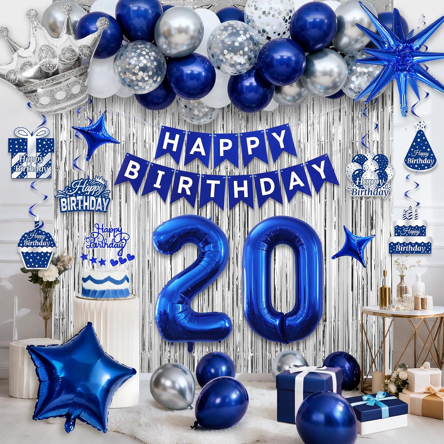 Amazon.com: 20th Birthday Decorations, Blue and Silver Happy Birthday