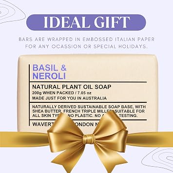 Wavertree & London Basil & Neroli Scented Natural Soap Bars (2 Bars), 7oz Moisturizing French Triple Milled Soap enriched with shea butter - Plant Oil Bath & Body Soap Bars [100% Naturally derived]