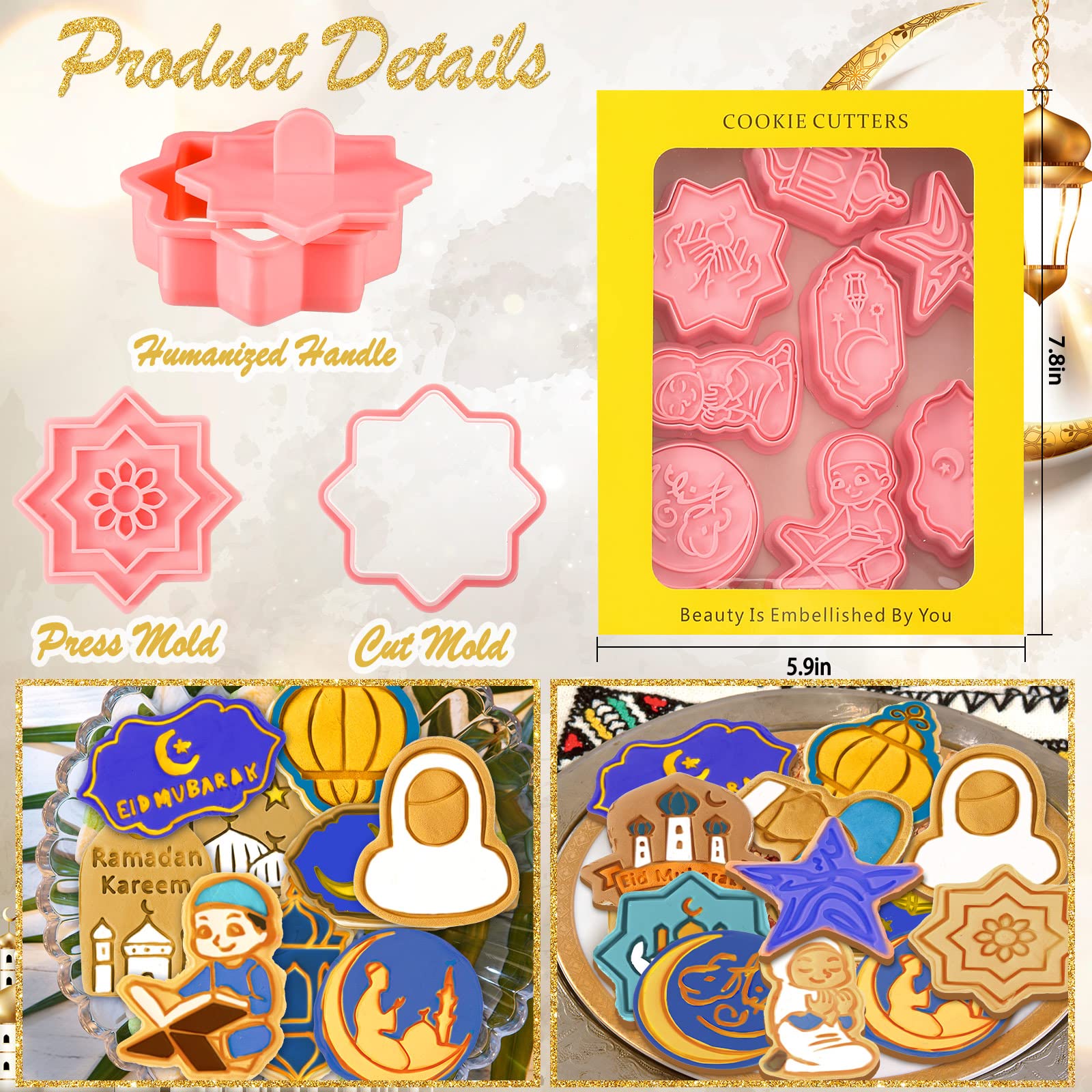 8 Pieces Cute Eid Mubarak Cookie Cutters Plastic Cookie Stamps Lesser Bairam Cookie Mould Press Eid al-Fitr Cookie Mould Set Baking Kitchen Tools (Camel