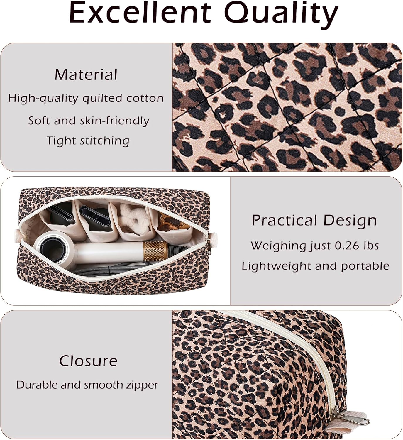 RSRSLEII Quilted Cotton Hair Tools Travel Bag，Hair Styling Storage Case for Hair Dryer and Attachments, Cute Portable Organizer with Compartments, Foldable(04Leopard)