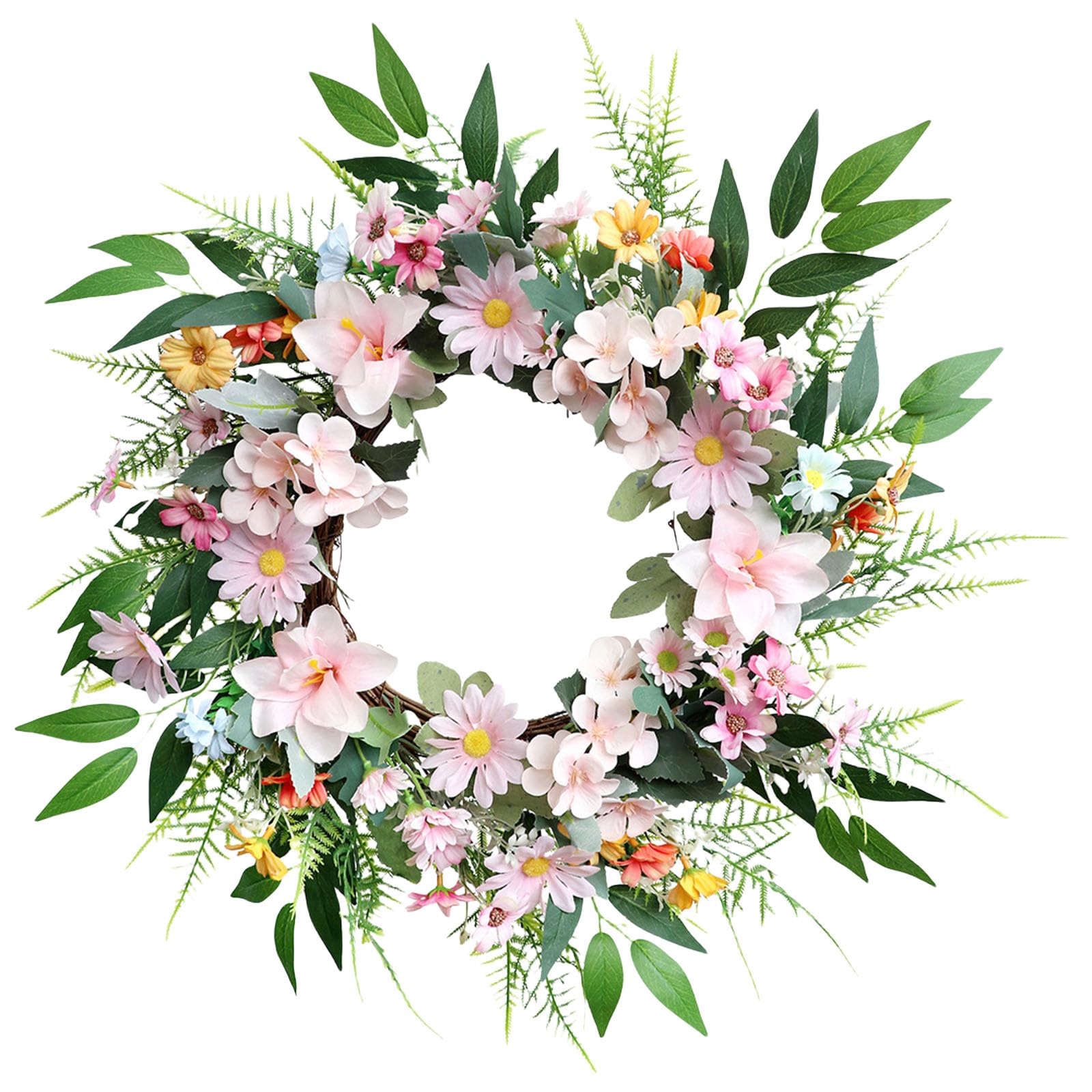 Artificial Flower Wreath with Leaves Spring Wreath Plant Decoration for Front Door Garden Indoor and Outdoor Front Door