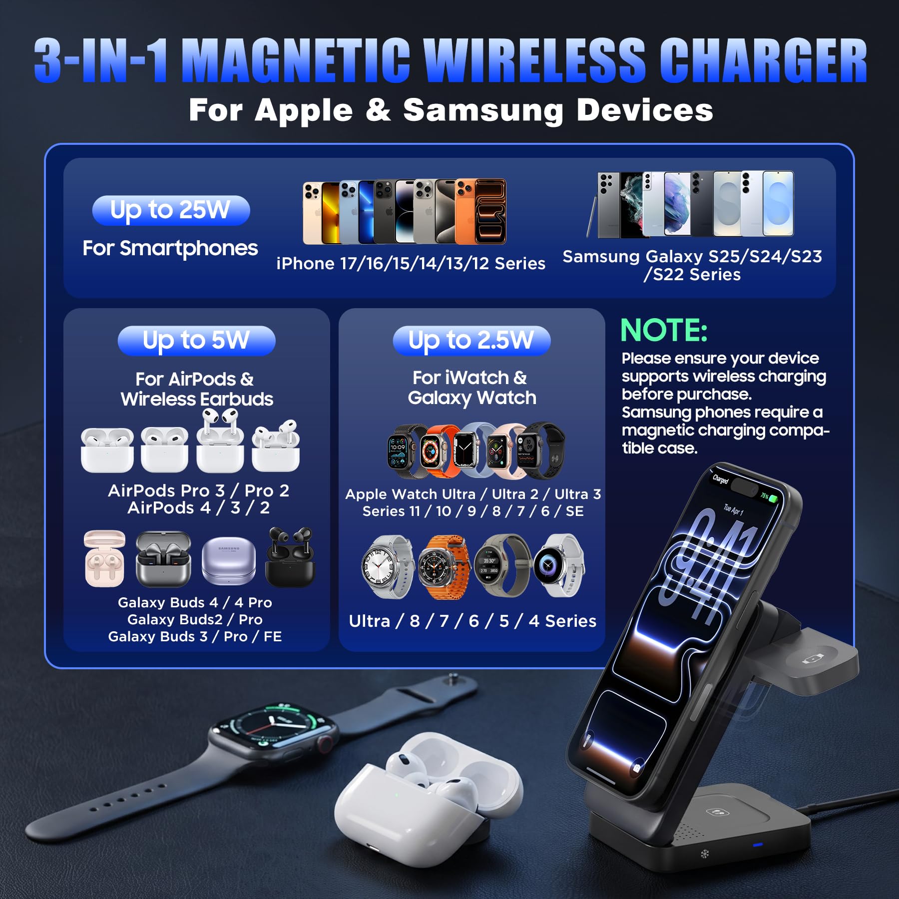 Station de charge sans fil pliable 3 en 1, support de charge rapide multi-appareils pour smartphones, montres intelligentes, écouteurs sans fil, station de charge portable pour bureau, chambre à