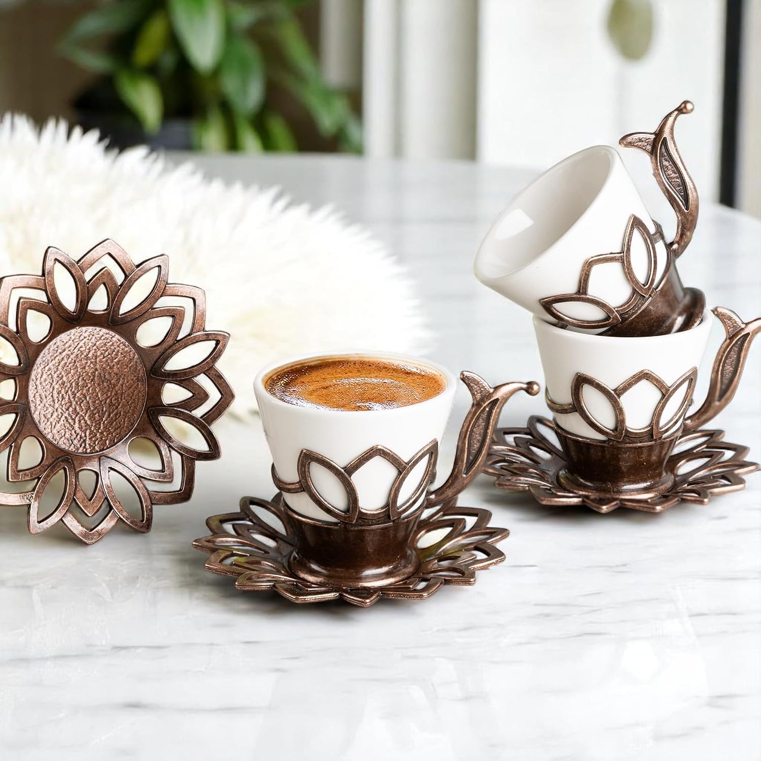 Alisveristime (Set of 6) Turkish Coffee Set with Porcelain Cups, Zamac Holders & Saucers – 80ml Capacity, Ottoman Motif, 4 Color Options (Brown)