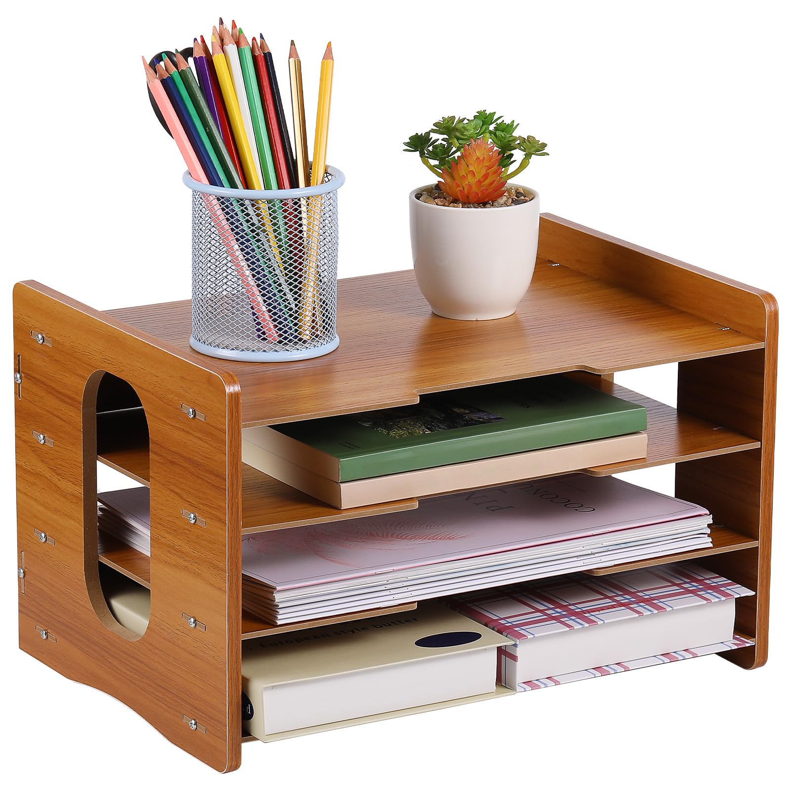 Abaodam Organizzatore da Scrivania Design Semplice e a 4 Livelli in Legno Struttura a Verticale Multiuso e Stabile per Ufficio e Casa