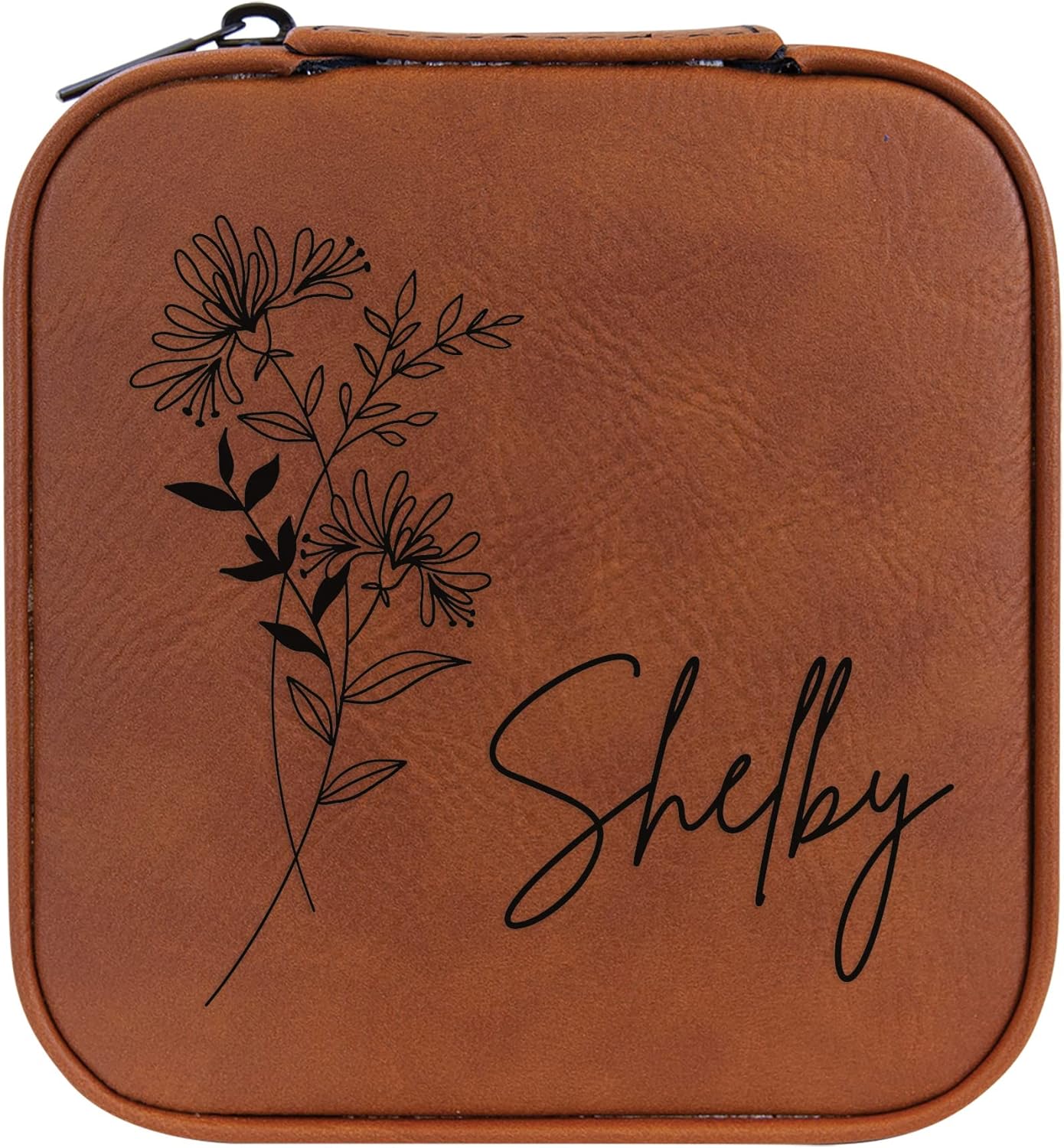 Personalized Birth Flower Jewelry Box Travel Case (Rawhide, June - Honeysuckle)