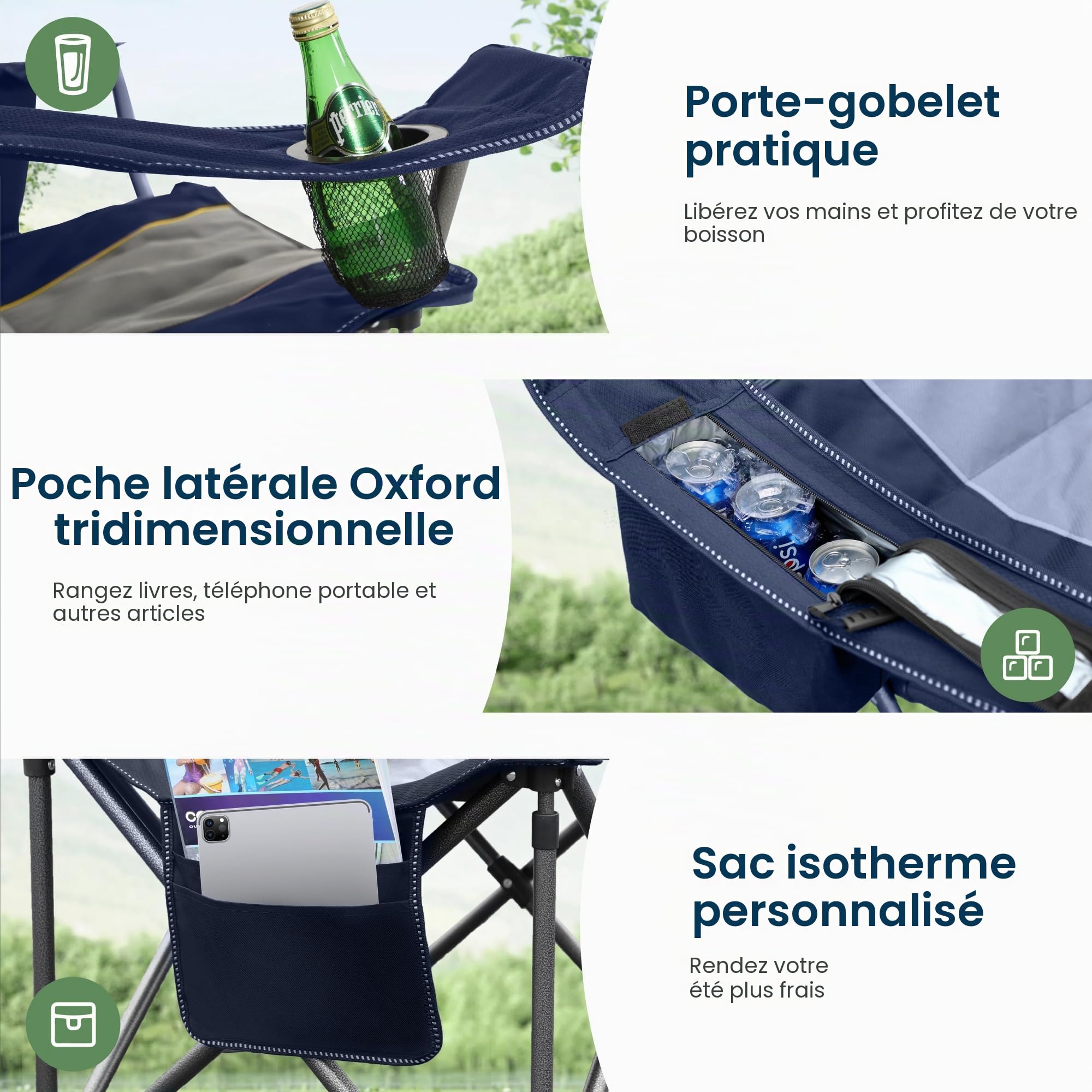 High Point Sports Chaise Pliante Camping Fauteuil Pliable Chaise de Plage 200KG Chargeable Chaise Pliante 62cm Largeur d'assise avec Poche latérale & Porte, Camping, Jardin, Pêche, Terrasse, Bleu