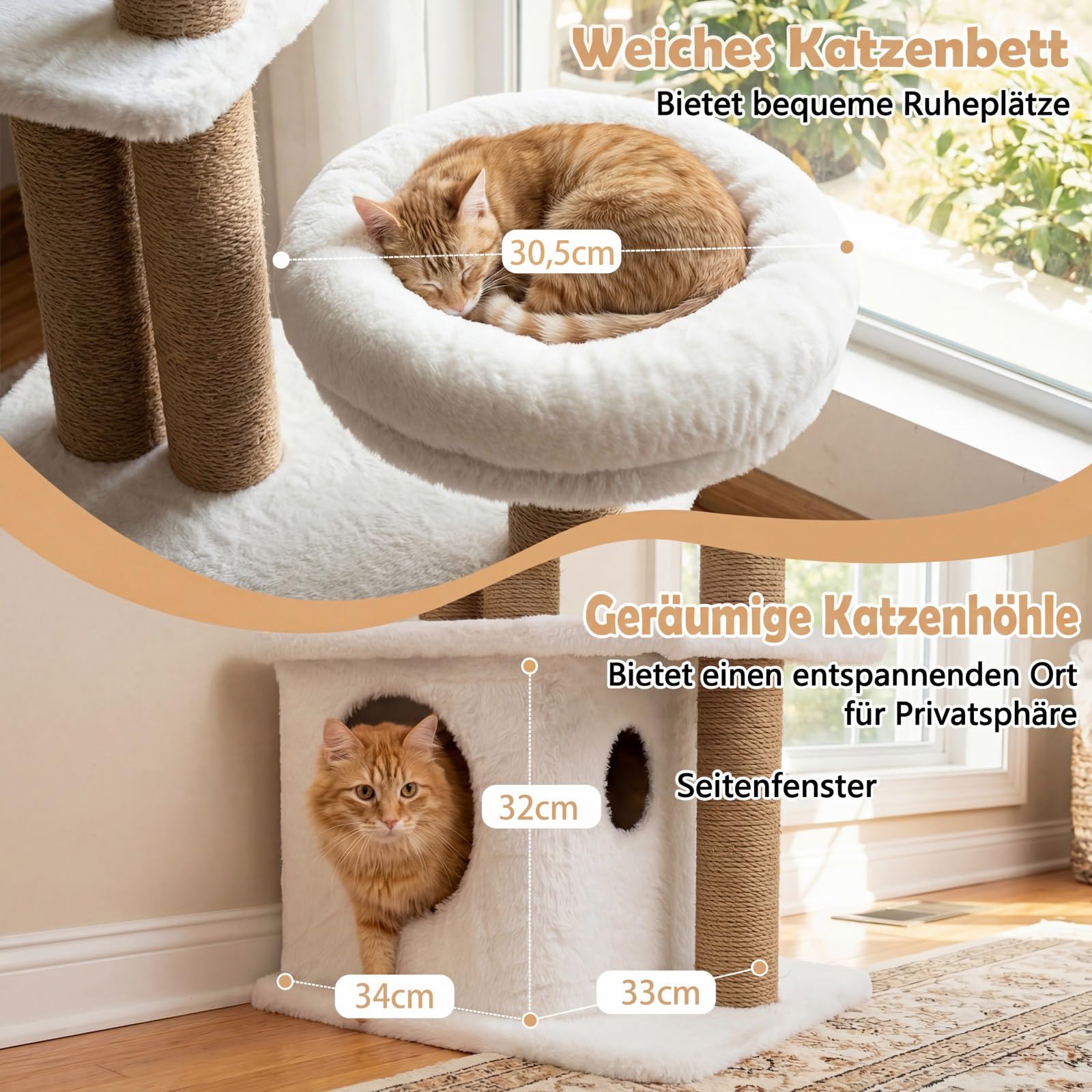 COSTWAY Kratzbaum, 96 cm, Katzenbaum mit Katzenhöhle, Plattform, Bett, großer Basis & 2 Bällen, Dicke Stämme aus Jute, Katzenkratzbaum Holz, Katzen Katzenmöbel, Kletterbaum Aktivitätsbaum (Beige)