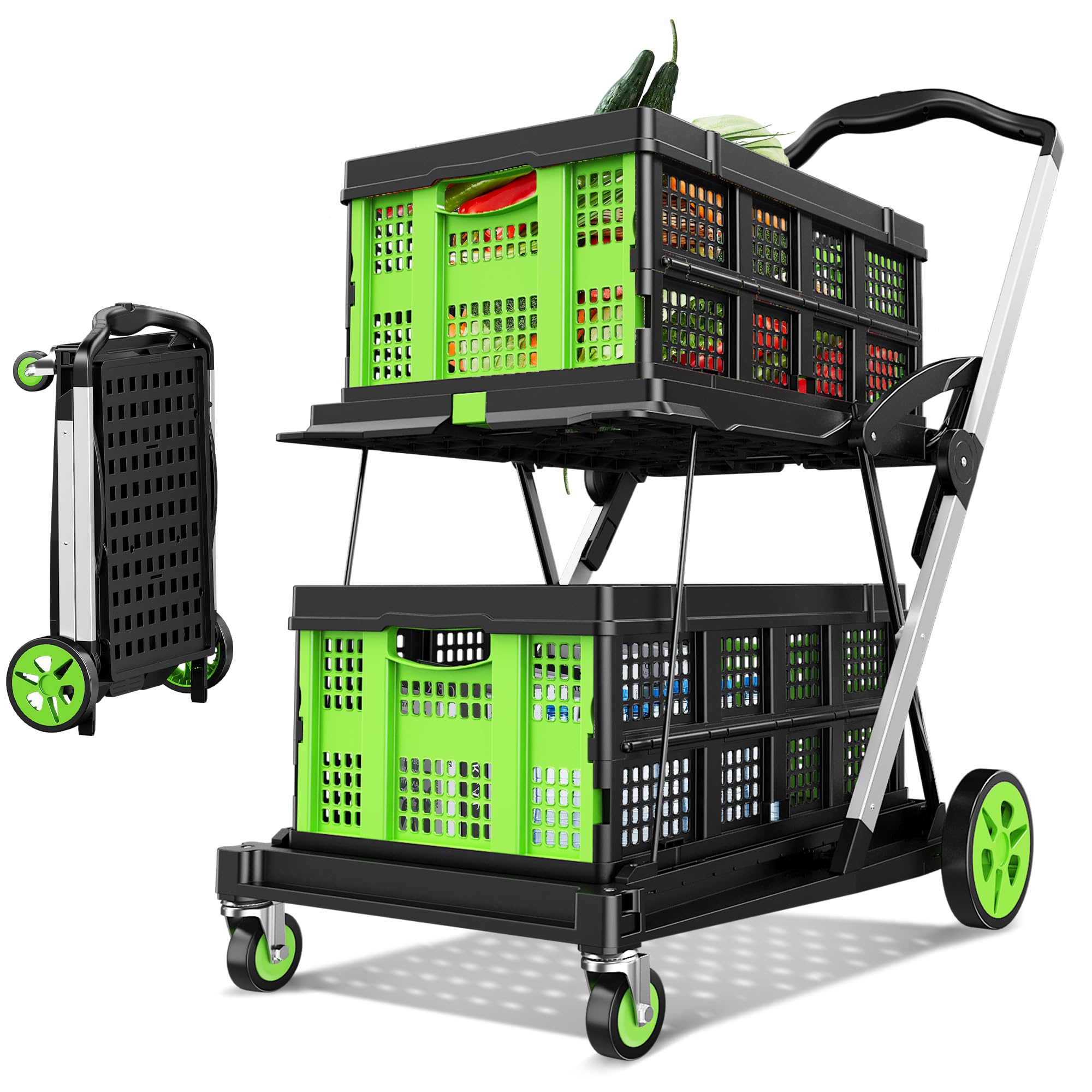 BSMTEK 8-in-1 Max 200LBS Collapsible Shopping Cart on Wheels with 2 Storage Crates, Portable Foldable Shopping Cart with Foot Brake for Picnic,