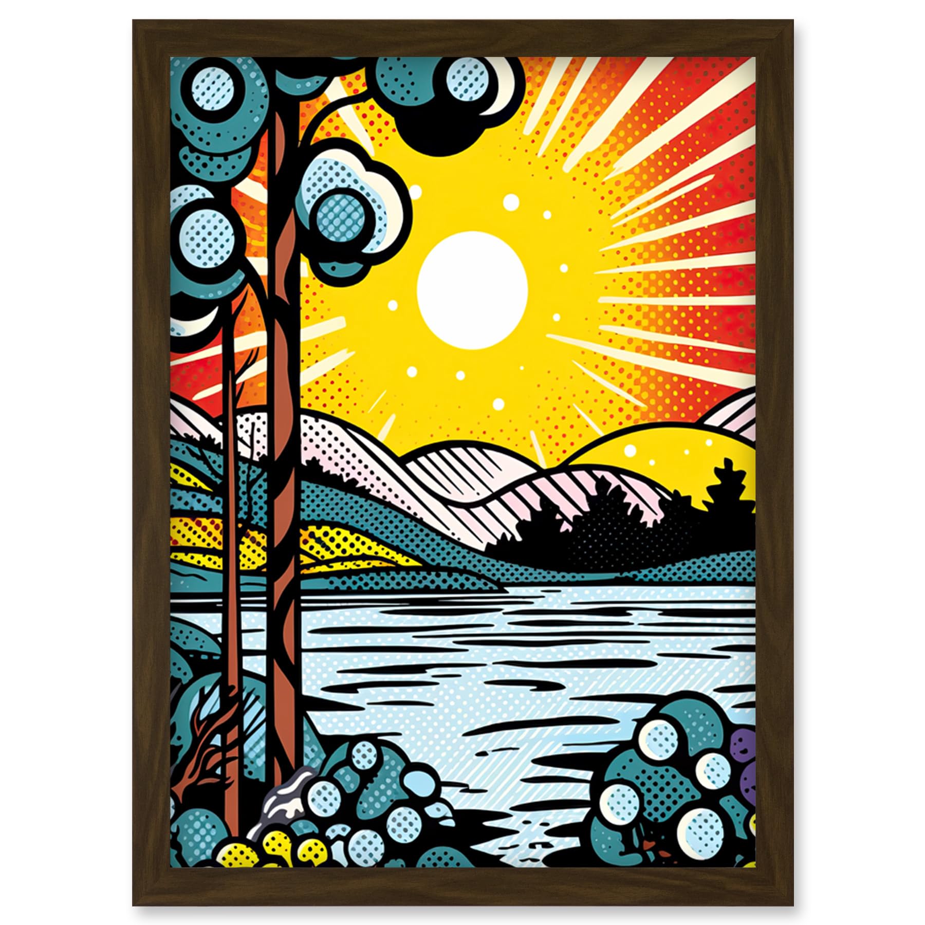 Artery8 Sunset Lakeside Landscape Comic Book Style Bubble Patterns Halftone Artwork Framed Wall Art Print A4