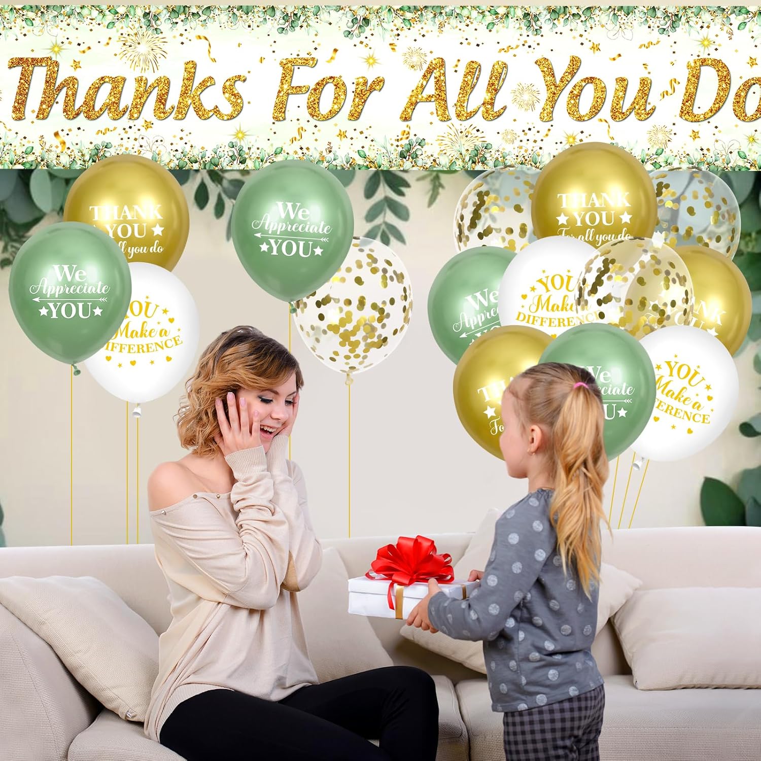 Thank You Appreciation Party Decorations Sage Green Thanks for All You Do Banner with 18Pcs Balloons Eucalyptus Leaves We Appreciate You Yard Sign Decor for Pastor Employee Staff Teachers Doctors - Image 3