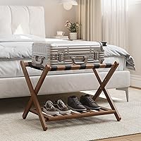 Vista 9 de Portaequipajes de bambú nogal completamente ensamblado con estante para zapatos, soporte plegable para maletas con 5 correas de alta resistencia