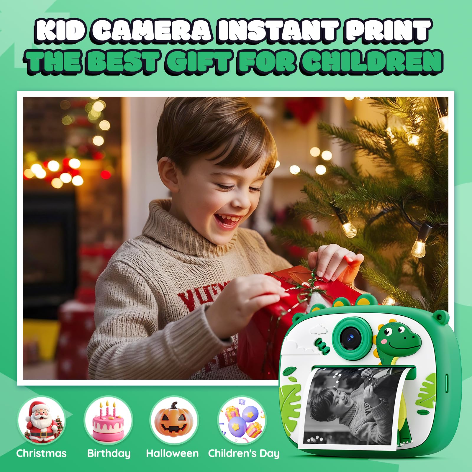 YOZISS Macchina Fotografica Bambini Istantanea, 1080P macchina fotografica istantanea bambini con 32GB e 3 Rotoli di Carta da Stampa, Regalo per Bambini dai 3 a 14 anni (DINOSAURO VDEDE)