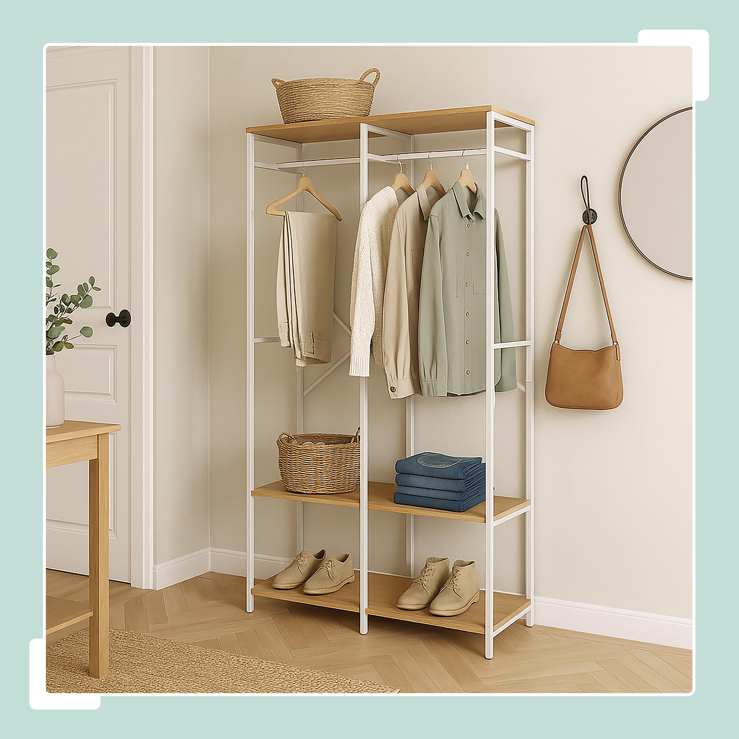 Perchero Relaxdays, Abierto, Armario, estantes y Barra, HBT: 180 x 94,5 x 40 cm, Perchero, Metal, Blanco/Madera