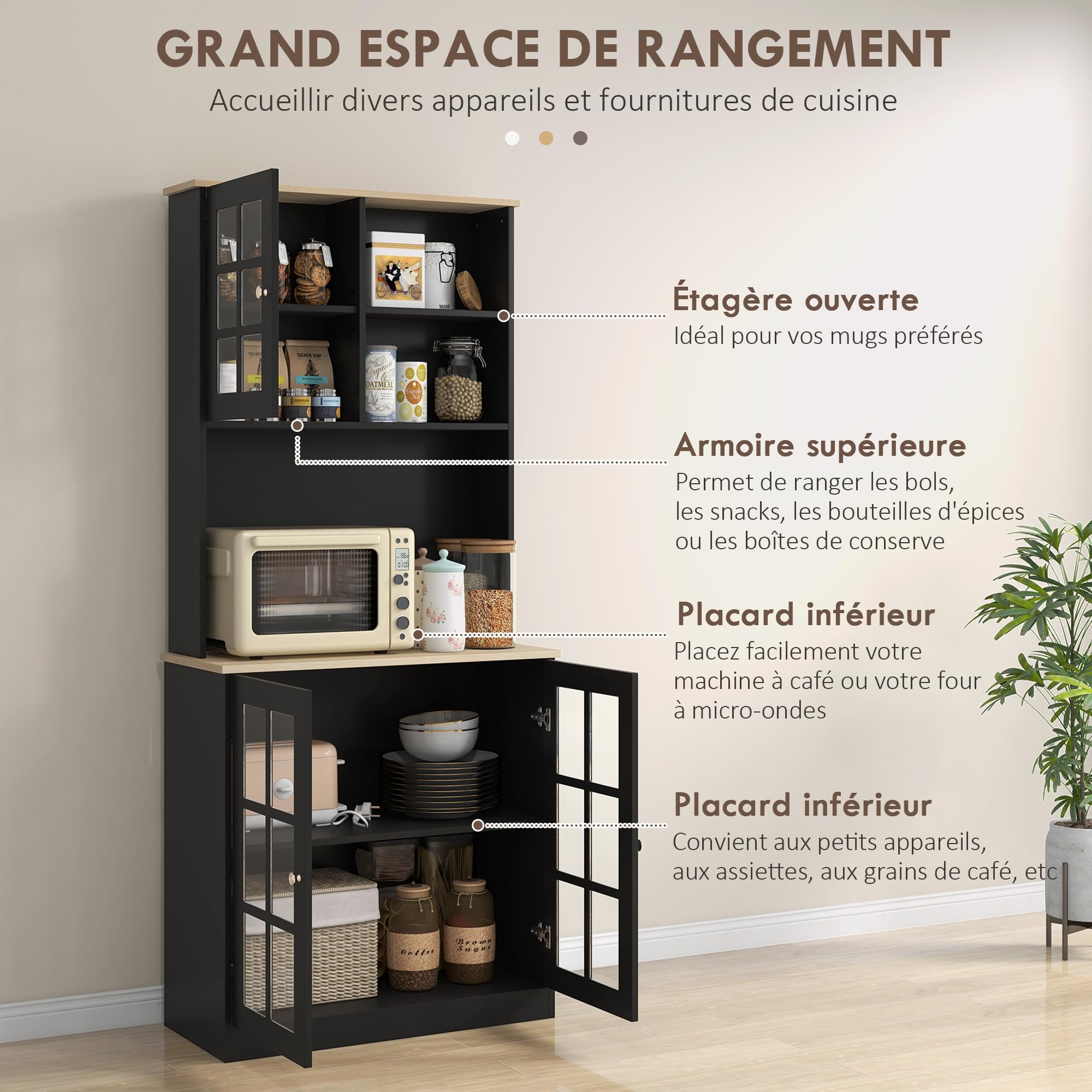 HOMCOM Buffet Cuisine, Meuble Cuisine Rangement Haut, Meuble de Rangement avec Plan de Travail, 3 Portes vitrées, 2 niches et étagères réglables, 80 x 37 x 183 cm, Noir chêne | Meuble Cuisine Rangement Haut avec Plan de Travail, 3 Portes Vitrées, 2 Niches