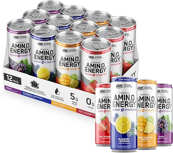 Optimum Nutrition Amino Energy Sparkling Hydration Drink, Electrolytes, Caffeine, Amino Acids, BCAAs, Sugar Free, 12 Fl Oz, Variety Pack of 12 (Packaging May Vary)