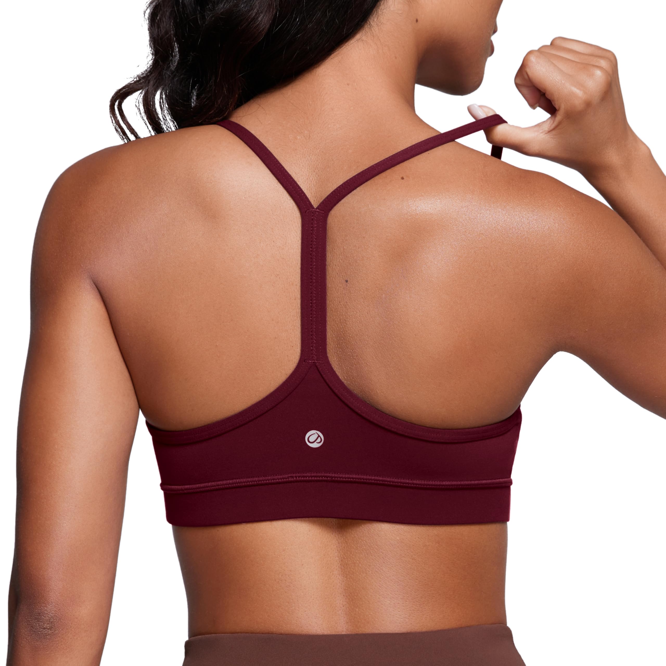 CRZ YOGA Women's Butterluxe Padded Sports Bra - Low Impact Y Back Strappy Bra Racerback Spaghetti Straps Gym Yoga Bras Red Merlot L