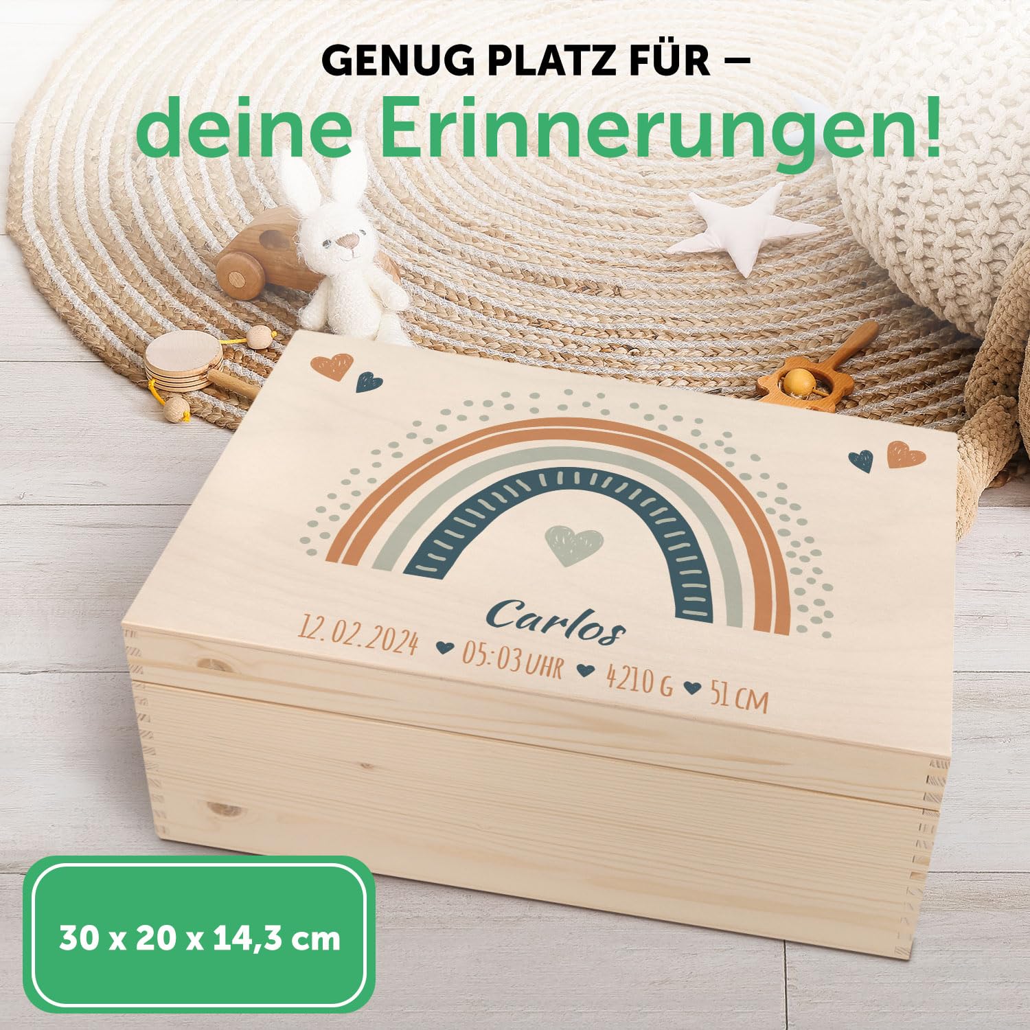 GRAVURZEILE Personalisierte Erinnerungskiste für Babys - Regenbogen Blau - Personalisiert mit Name & Datum - Holzkiste für Mädchen & Jungen - Geschenk fürs Baby zur Geburt - Erinnerungsbox