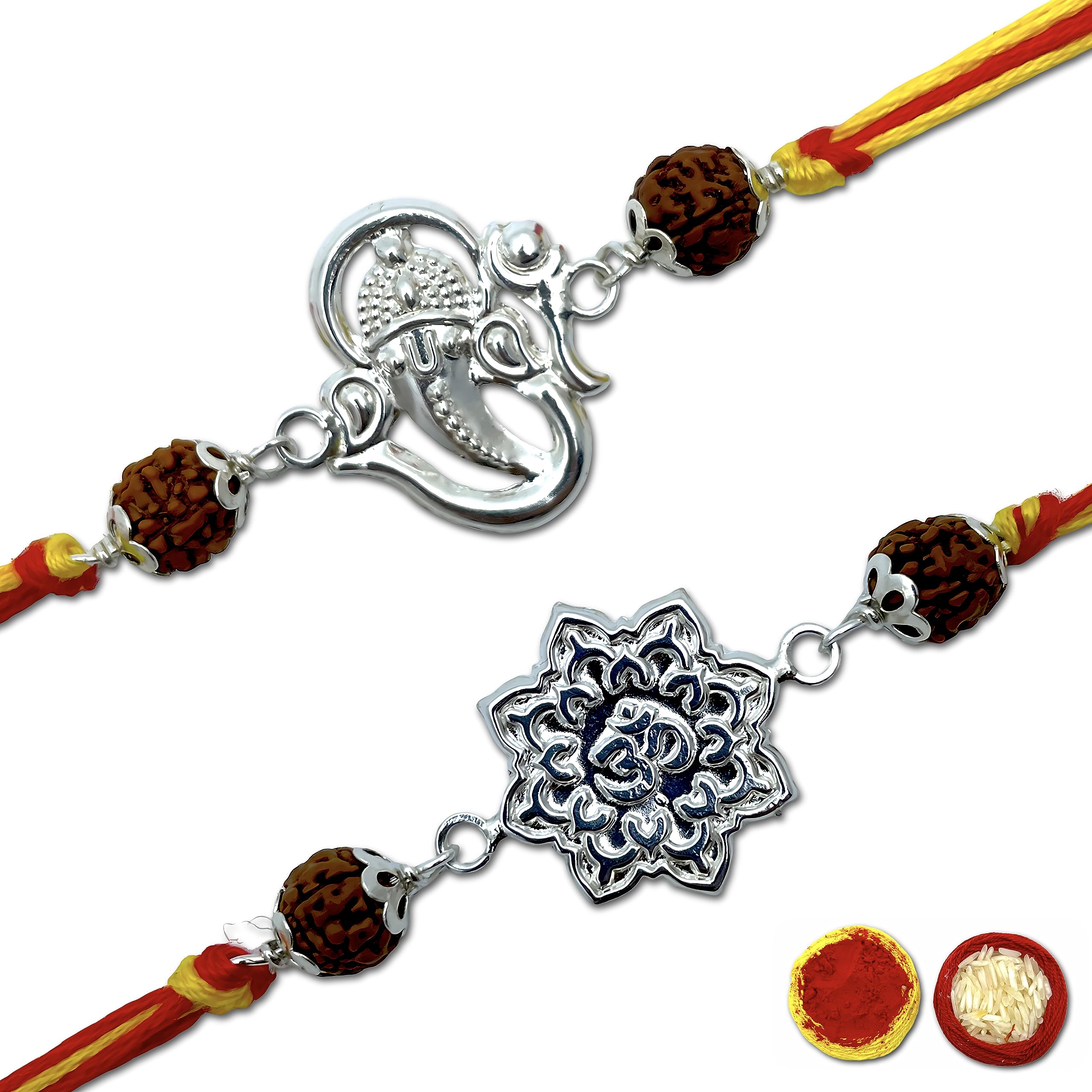 925 Fine Silver Rakhi for Brother | Silver Rakhi | Combo of 2 silver rakhi with Chawal Roli | 5 Mukhi Real Rudraksh Rakhi-picture-38