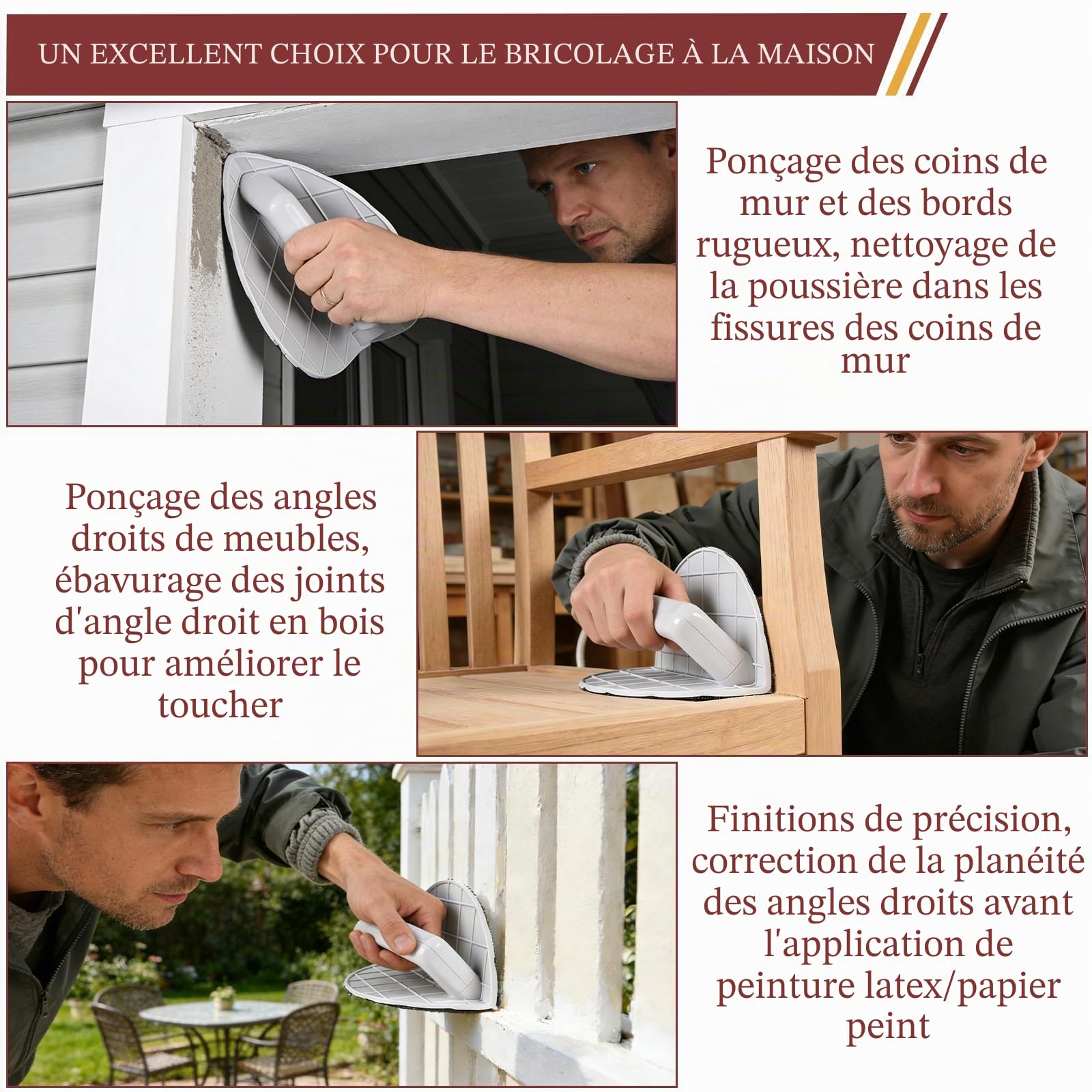 Ponceuse d'angle pour cloison sèche, outil de ponçage d'angle avec 12 disques de ponçage réutilisables de 22,9 cm pour nettoyage des murs et des coins (grain 120/180/240)