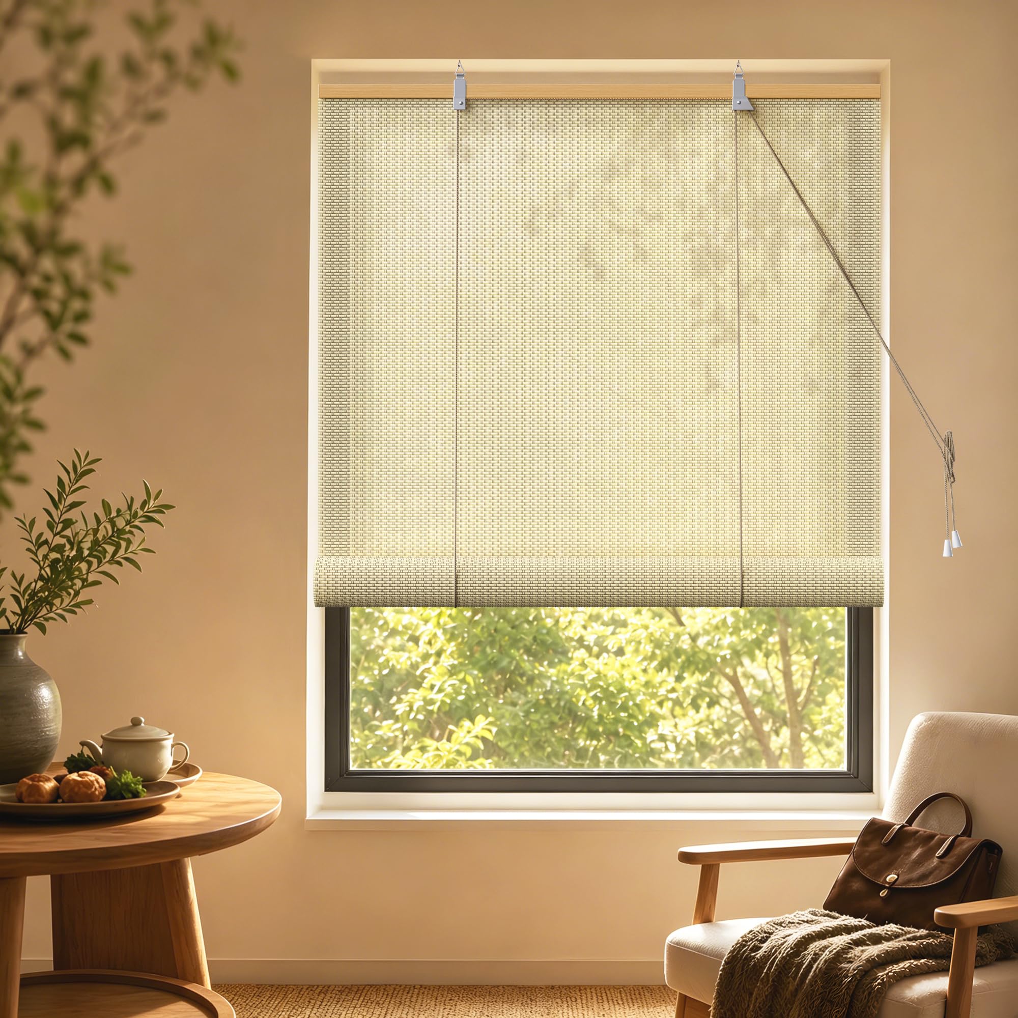 HOMEDEMO Store Enrouleur Bambou, Occultant pour Fenêtre, Protection Intimité, Intérieur Extérieur, Facile à Installer, Store pour Salon, Beige, 150l x 220L cm