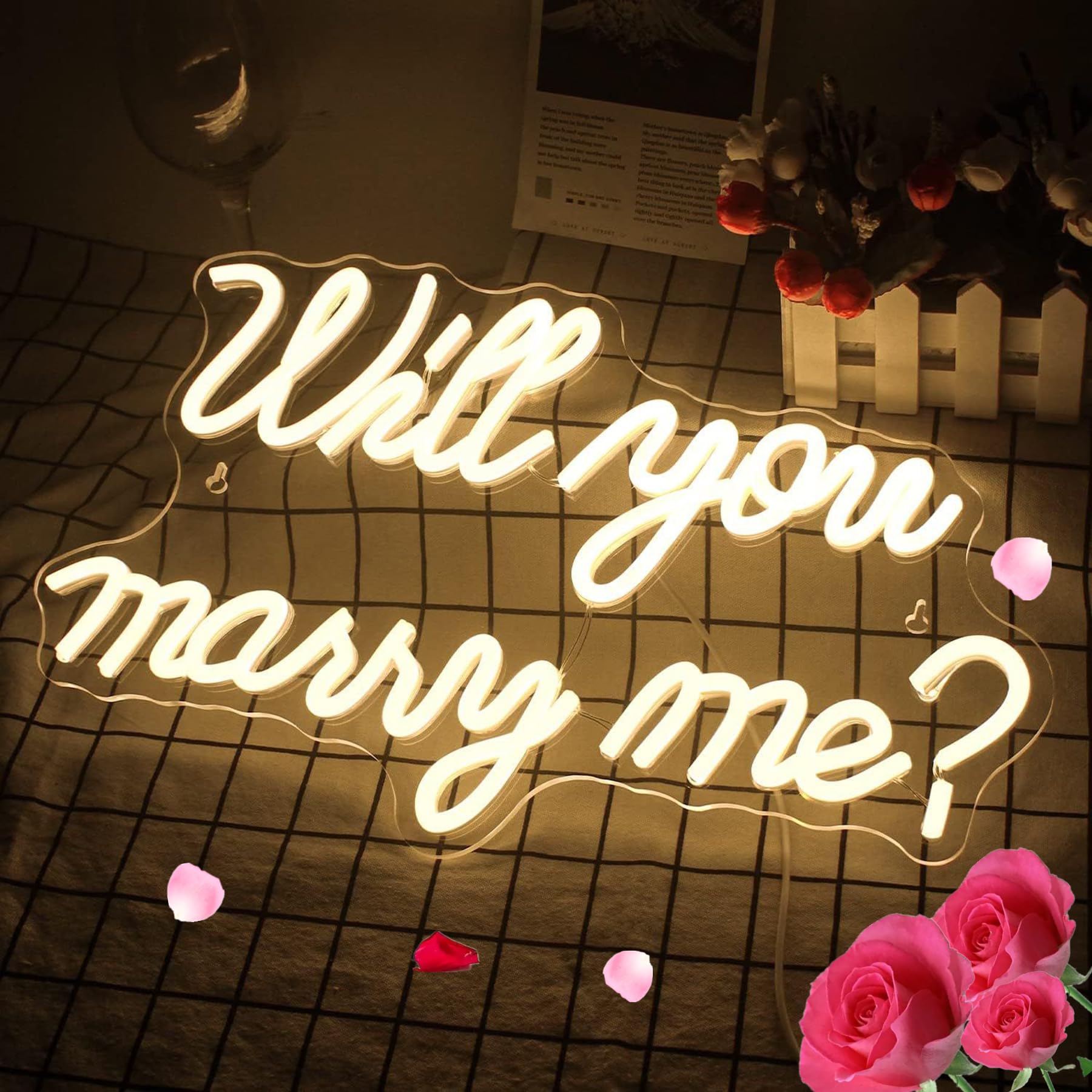 Neon Will You Marry Me Sign for Valentine Proposal Party Wedding Wall Decor,LED Dimmable Large Neon Night Light USB Powered for Girlfriend fiancée,16.5x10in(Warm White)