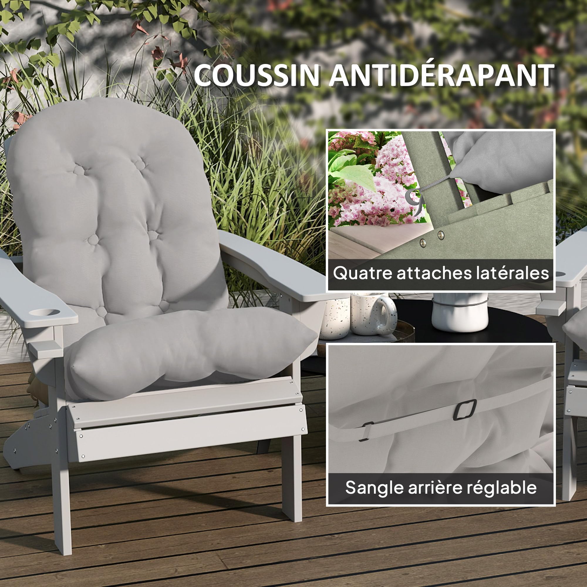 Outsunny Lot de 2 Coussins de Siège pour Chaise Adirondack avec Attaches Sécurisées, Coussin de Chaise Adirondack Design Capitonné, Coussin de Chaise à Aossier Haut Doux et Épais, Gris Clair