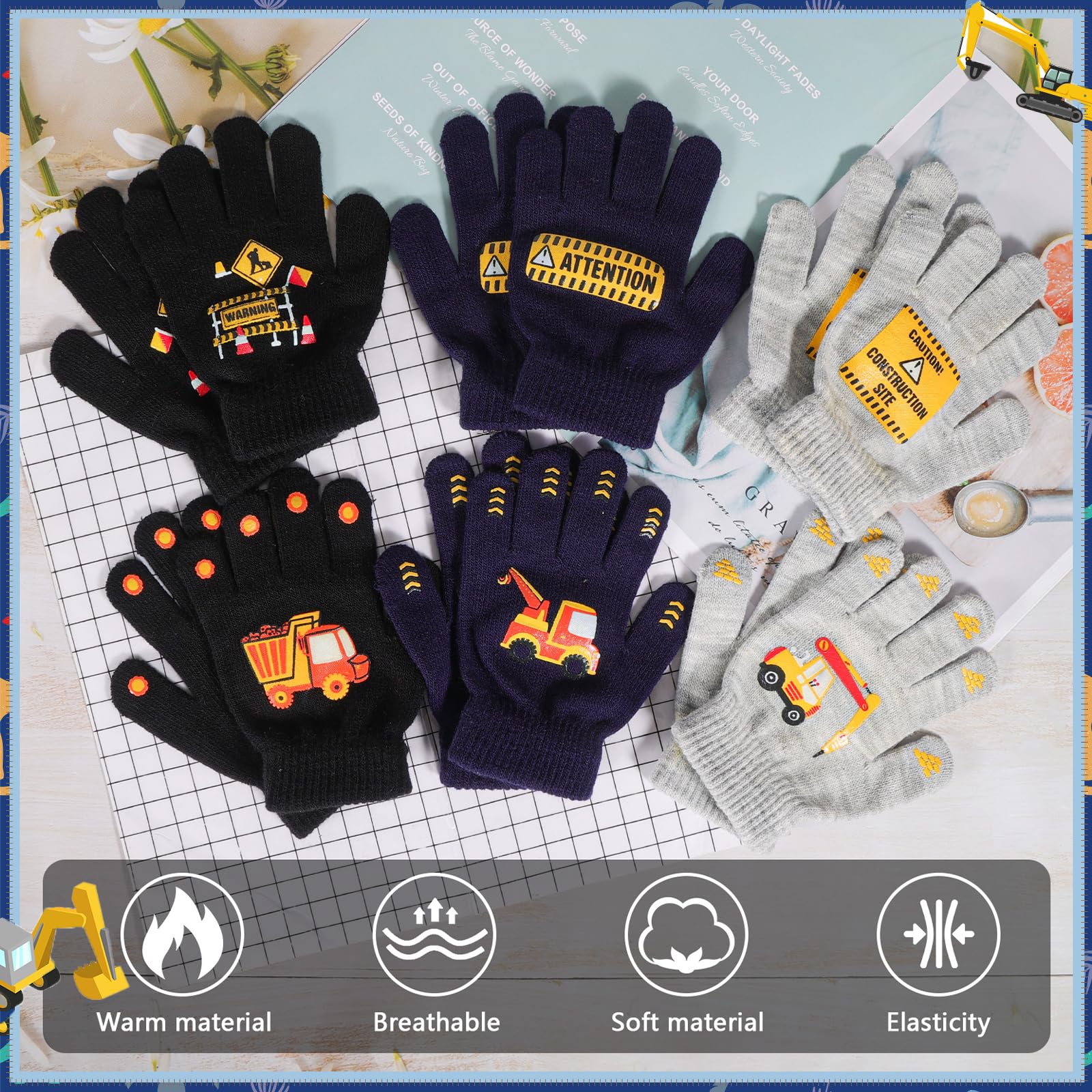 Gants magiques pour enfants Lot de 6 paires motif excavatrice 4-12 ans